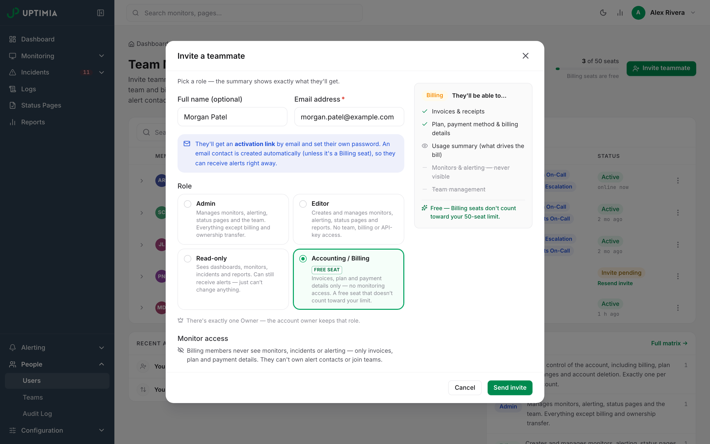 The invite modal with the Accounting / Billing role chosen, showing its Free seat tag and a permission summary limited to invoices, plan and payment details.