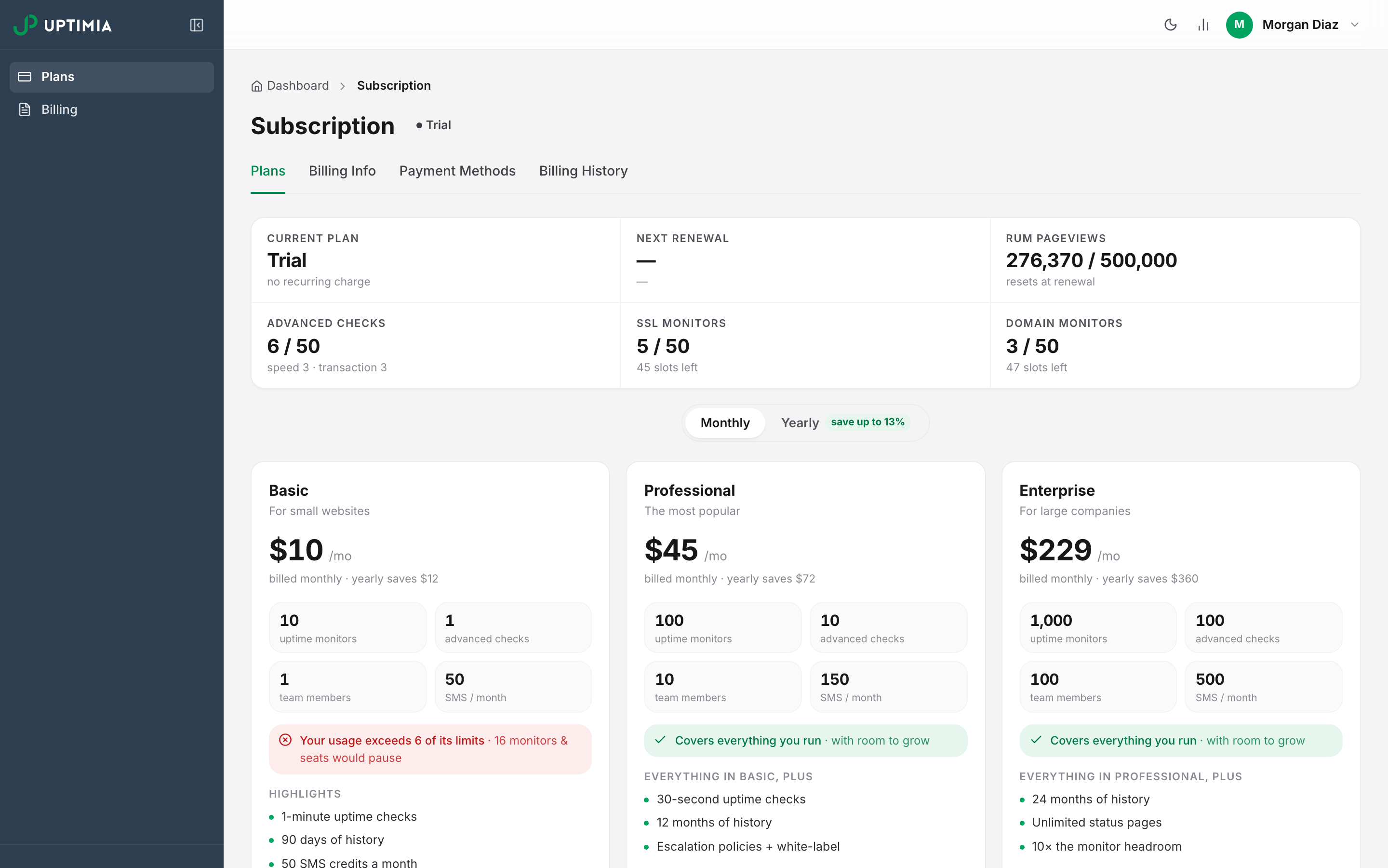 The control panel as an Accounting / Billing seat sees it, with a two-item sidebar holding only Plans and Billing beside the Subscription page.