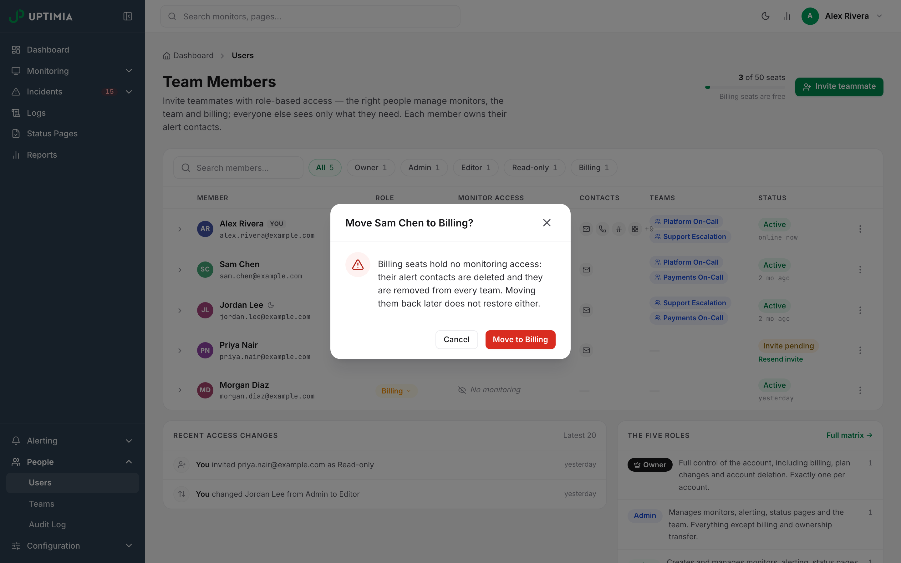 The confirmation Uptimia shows before moving a teammate into the Billing seat, warning that their alert contacts and team memberships are deleted.