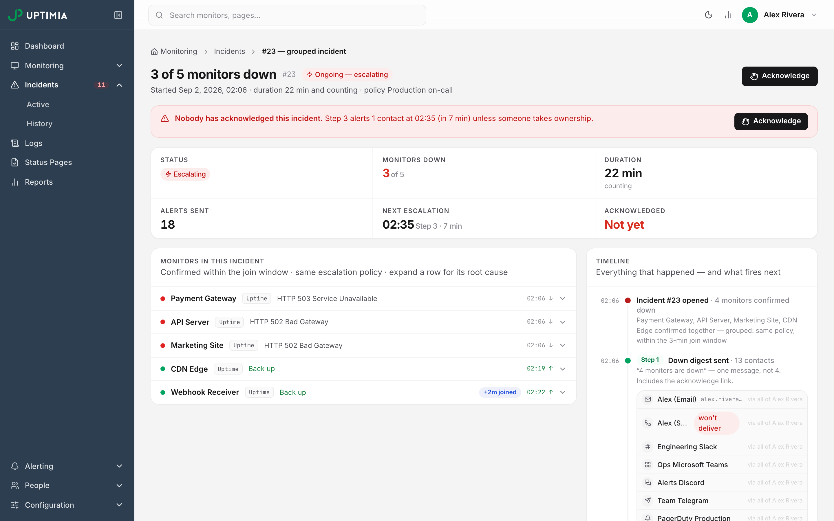 A grouped incident page with a red banner reading Nobody has acknowledged this incident, naming which escalation step fires next and offering an Acknowledge button.
