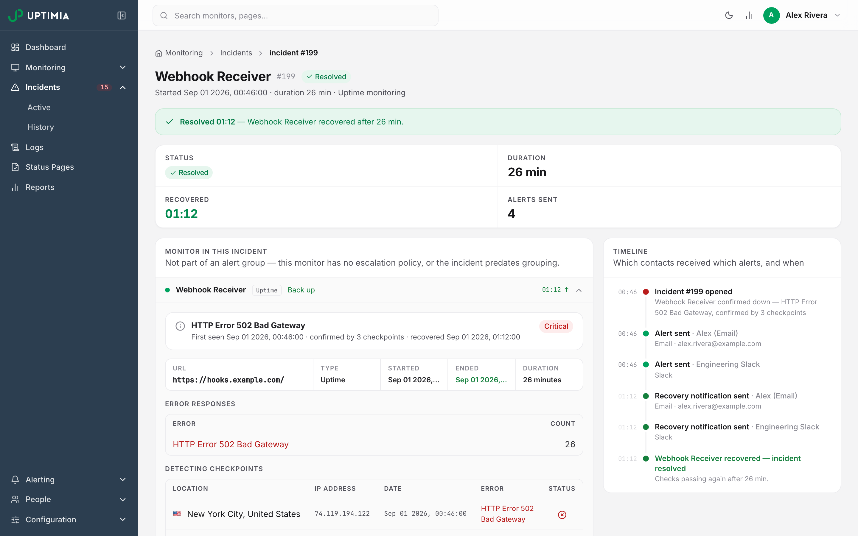 An incident page with the Timeline card listing every alert Uptimia sent, naming the contact and the channel each one went to.