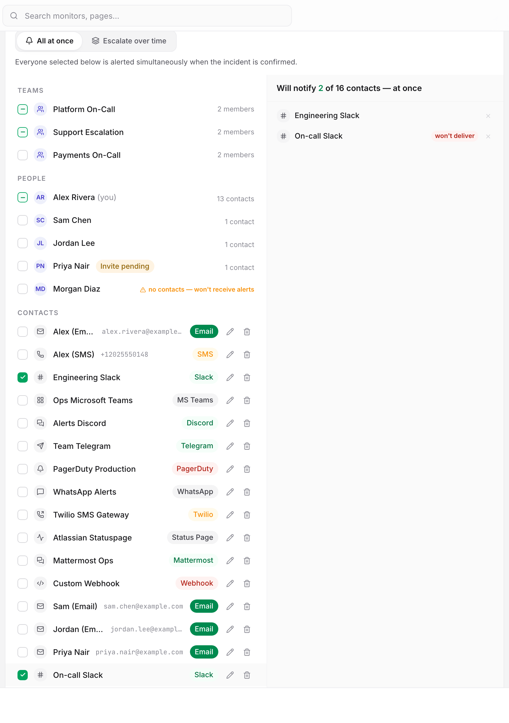 The monitor editor's resolved recipients pane: two Slack contacts pointing at the same Slack integration, the second flagged “won't deliver” because Uptimia collapses them into a single alert.