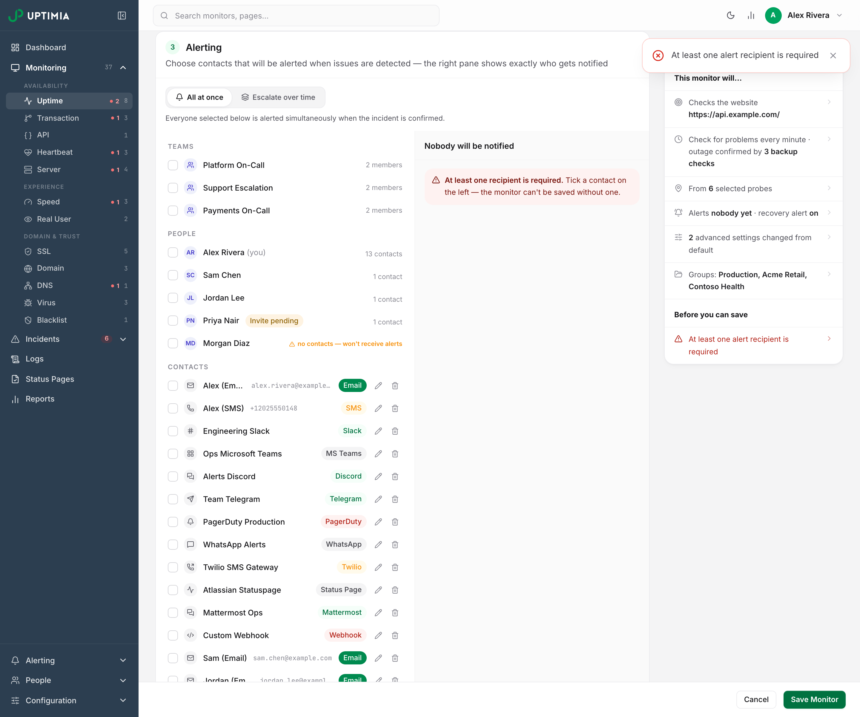 The monitor editor refusing to save: the recipients pane reads Nobody will be notified and a red box states that at least one recipient is required.