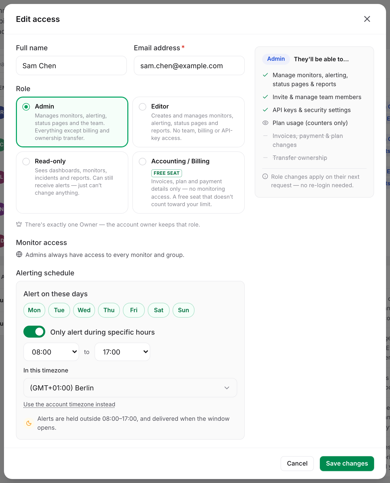 A team member's Edit access modal showing their alerting schedule: the days, the 08:00 to 17:00 hours window, and the In this timezone select that says whose clock those hours are read on.