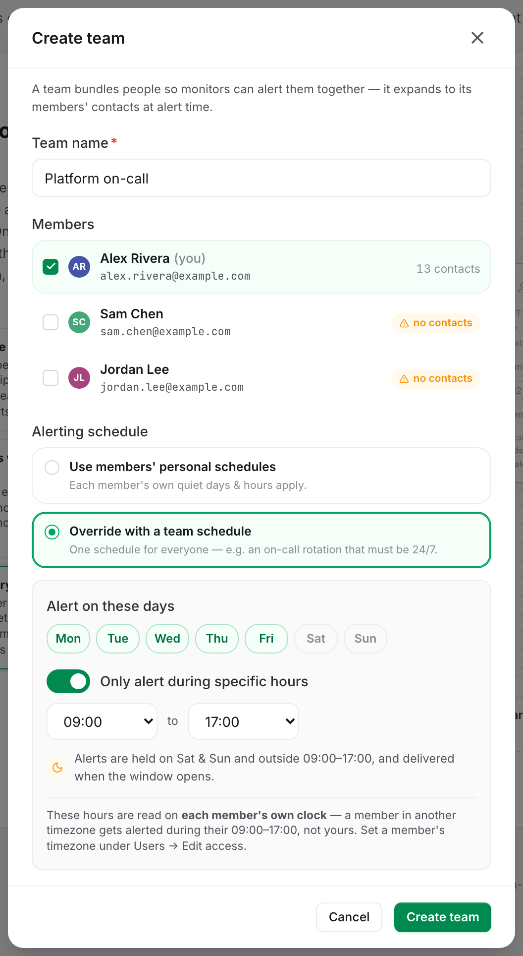 A team's alerting schedule set to Override with a team schedule, with one shared Mon–Fri 09:00 to 17:00 window and the note that those hours are read on each member's own clock.