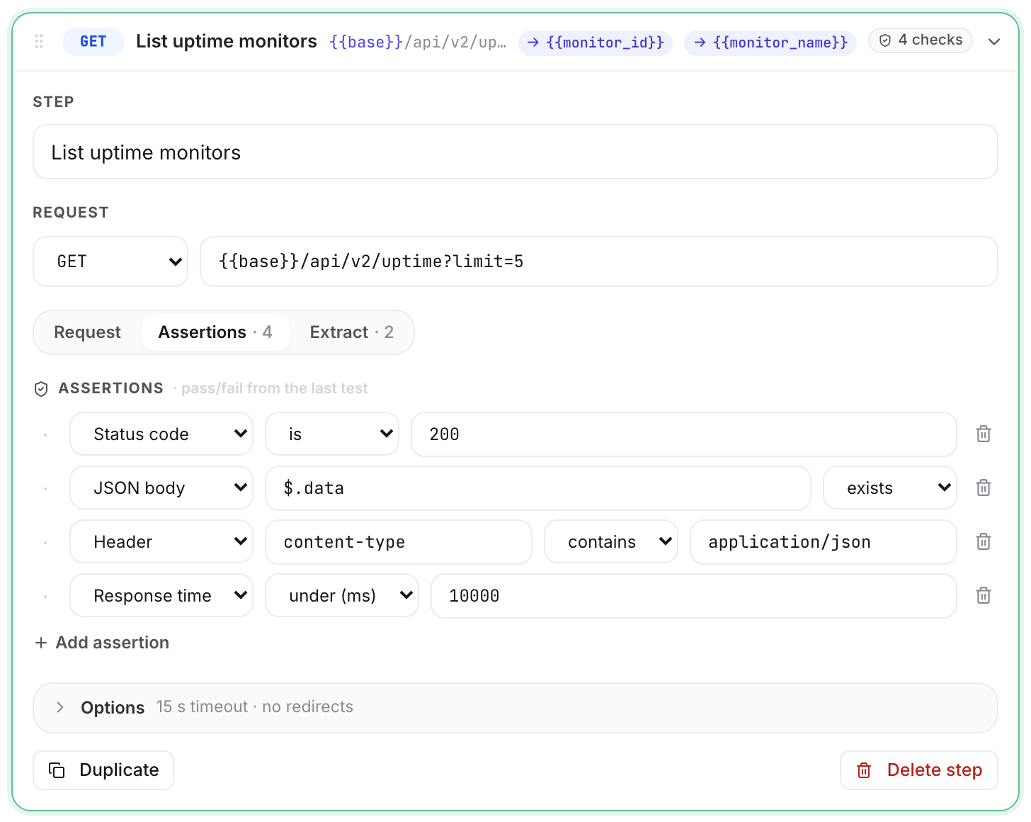 The Assertions tab of an API request step with four assertions of different types, showing how a status, JSON-body, response-time and header check each fill the type, path, condition and value boxes.