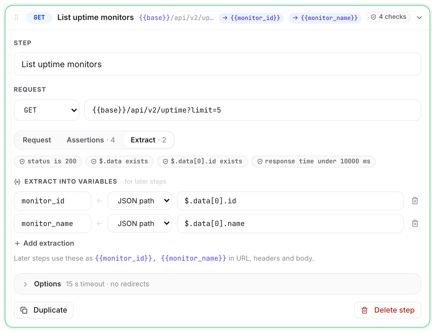 The Extract tab of an API request step: two rows lifting an id and a name out of the JSON response into variables, and the chips on the step row showing what the step now hands to later steps.