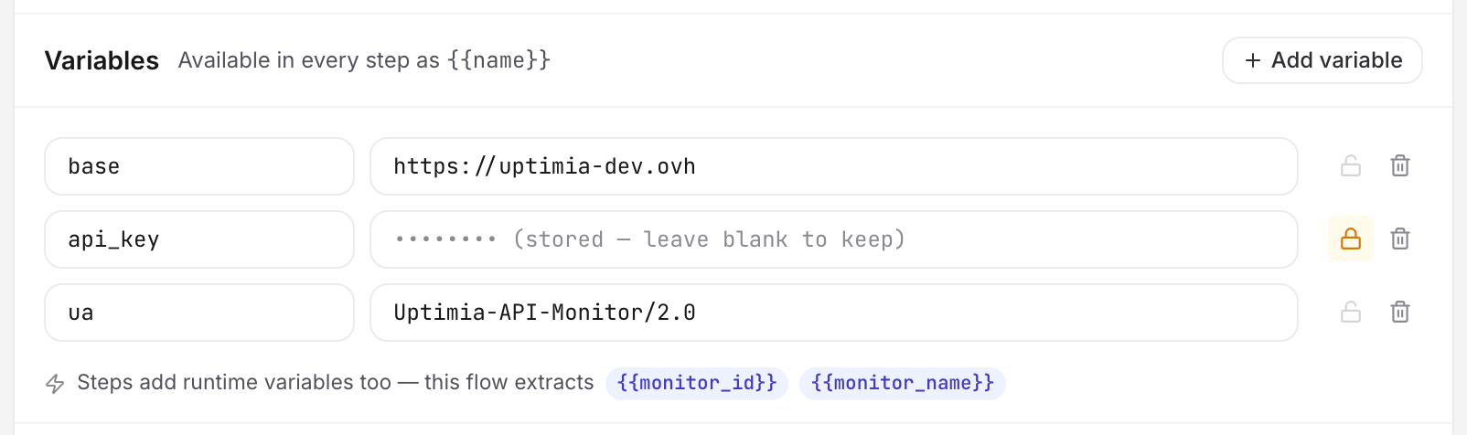 The Variables sub-section of the API monitor editor with two plain variables and one masked secret, plus the note listing the variables the request chain extracts at run time.