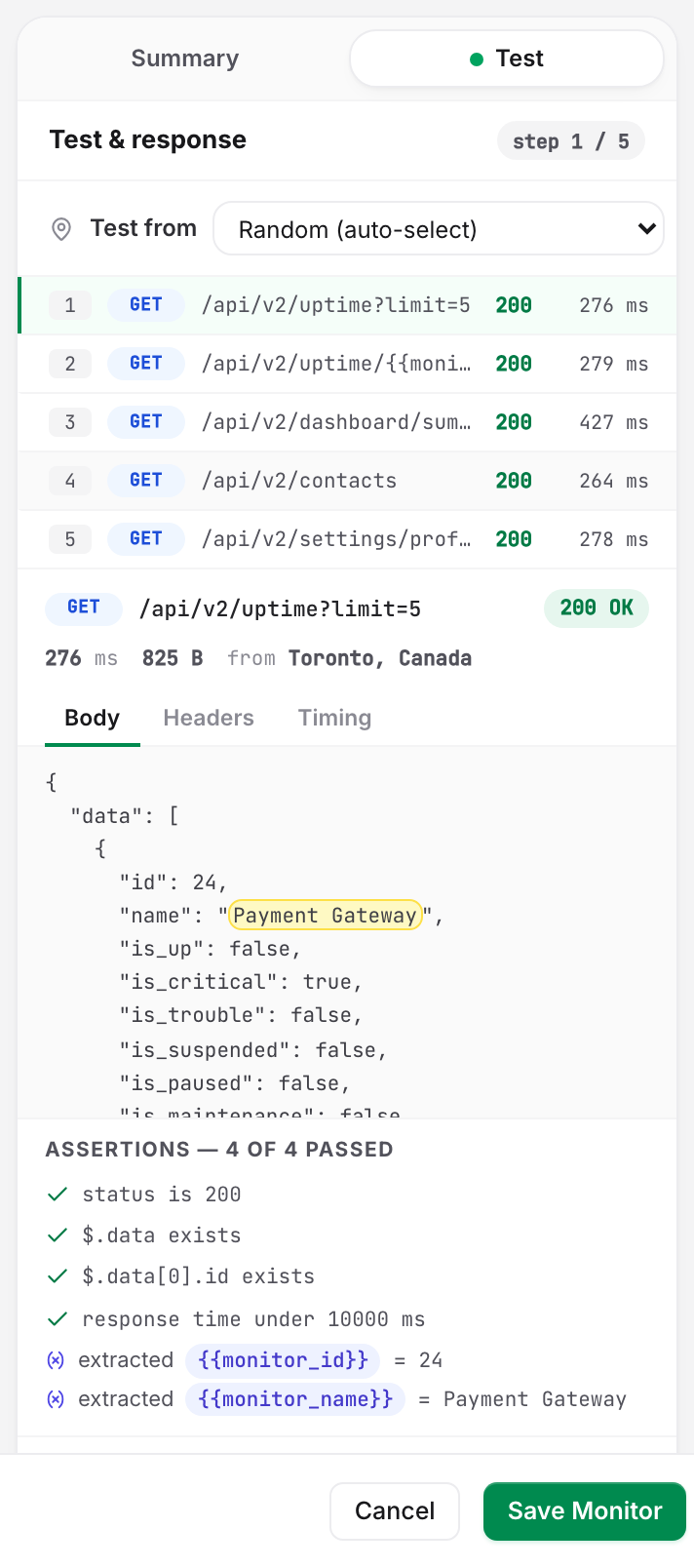 The API builder's Test and response rail after a passing run: the JSON body with the extracted value highlighted, all four assertions passed, and the lines showing what the step handed to later steps as variables.
