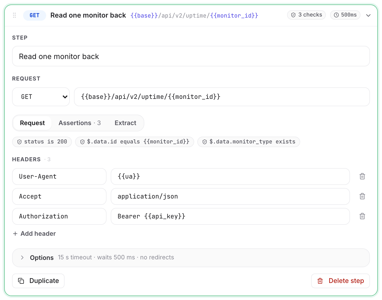 An expanded API request step showing its method and URL, the Request / Assertions / Extract tab strip, its assertion chips, request headers and the folded per-step Options summary.