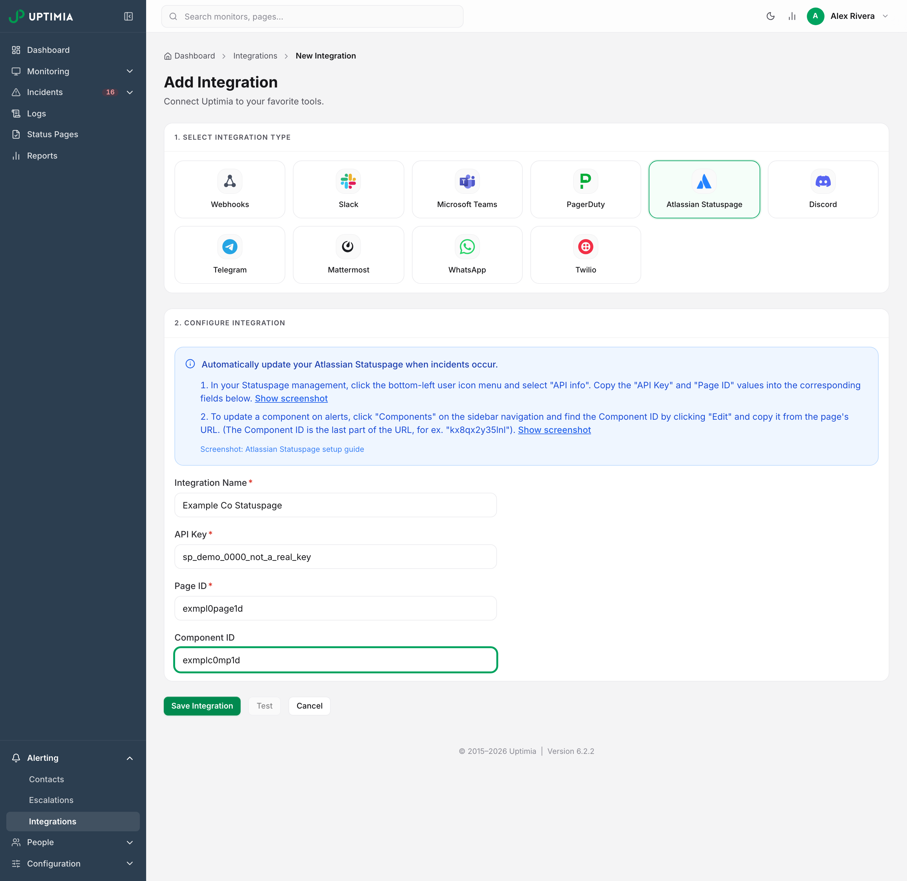 Uptimia's Add Integration form with Atlassian Statuspage selected, showing where the API Key, Page ID and optional Component ID from Statuspage's API info page are pasted.