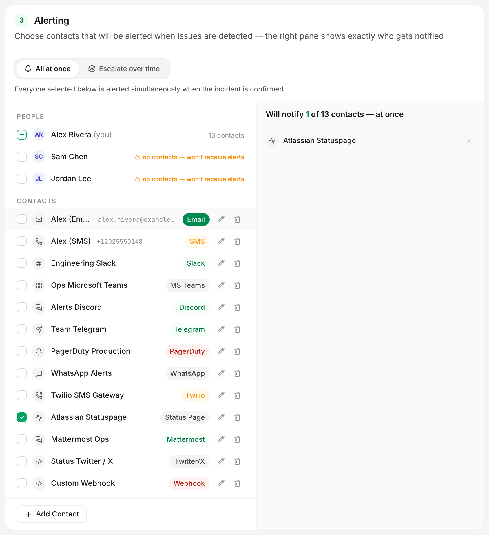 The monitor editor's Alerting card with the Atlassian Statuspage contact ticked, and the right pane confirming it as a recipient. Nothing reaches the page until this step is done.