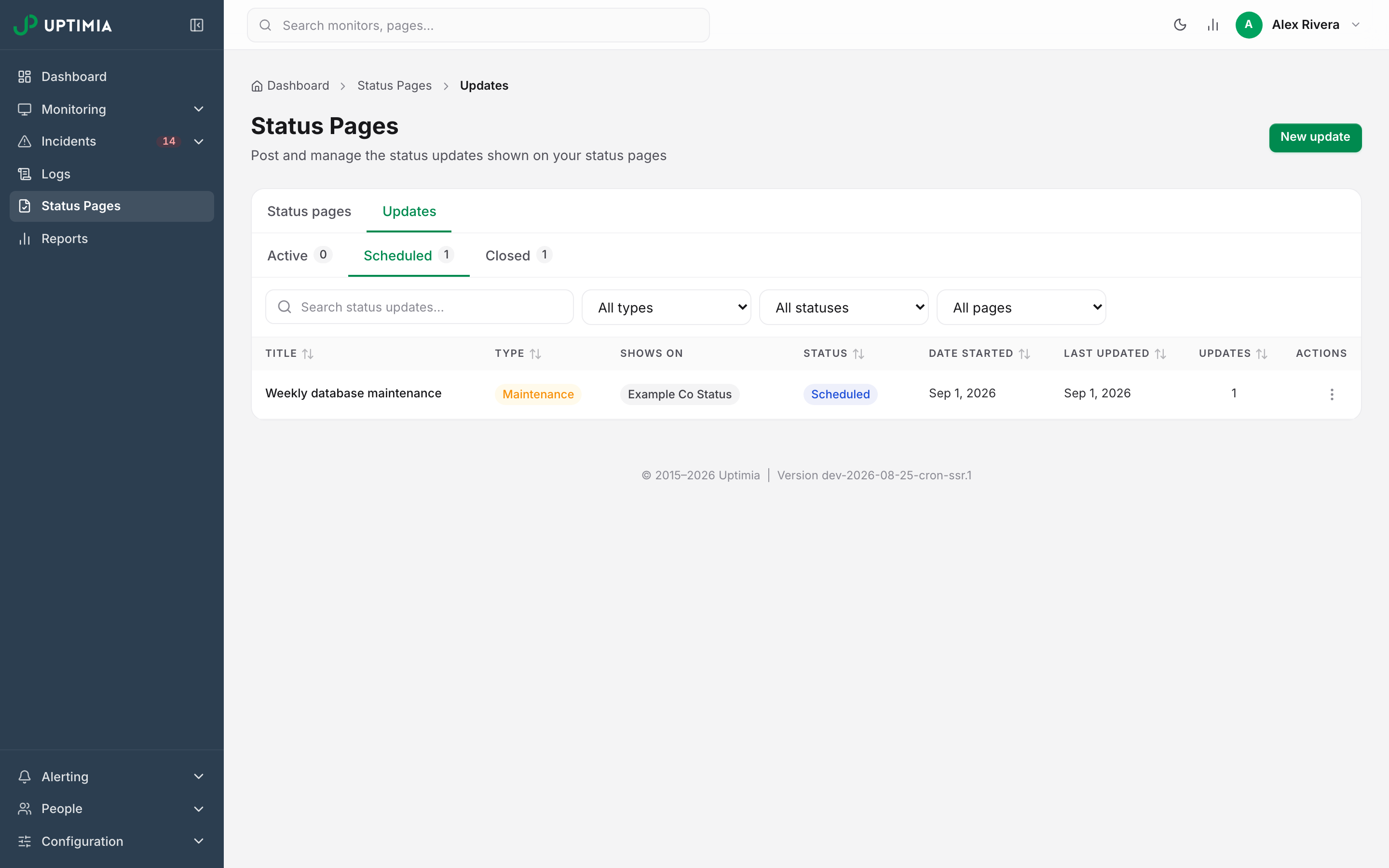 The Updates list's Scheduled tab: one recurring maintenance window, 'Weekly database maintenance', with a single status thread at the Scheduled stage, published to the Example Co Status page.