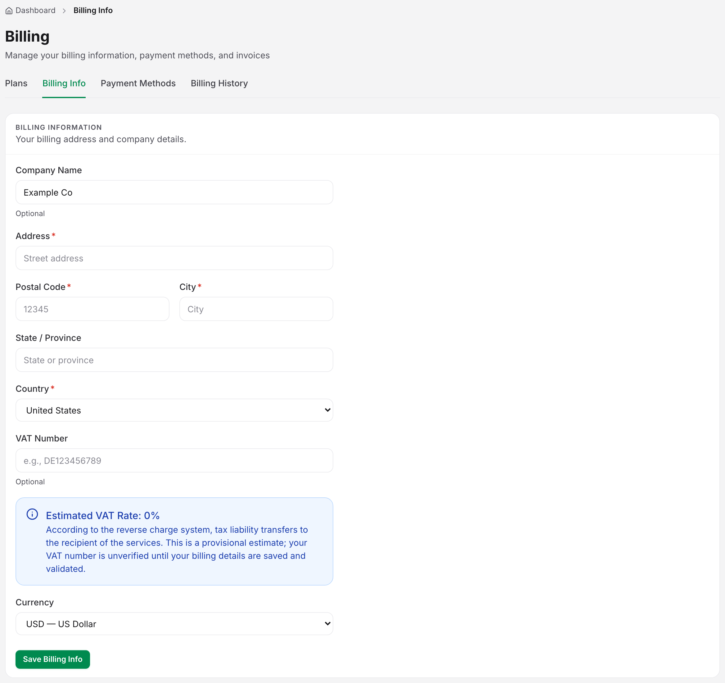 The Billing Info tab, showing the company, address, state, country and VAT fields that get printed on every invoice, the estimated VAT rate, the currency selector and the Save Billing Info button, with the four billing tabs above them.