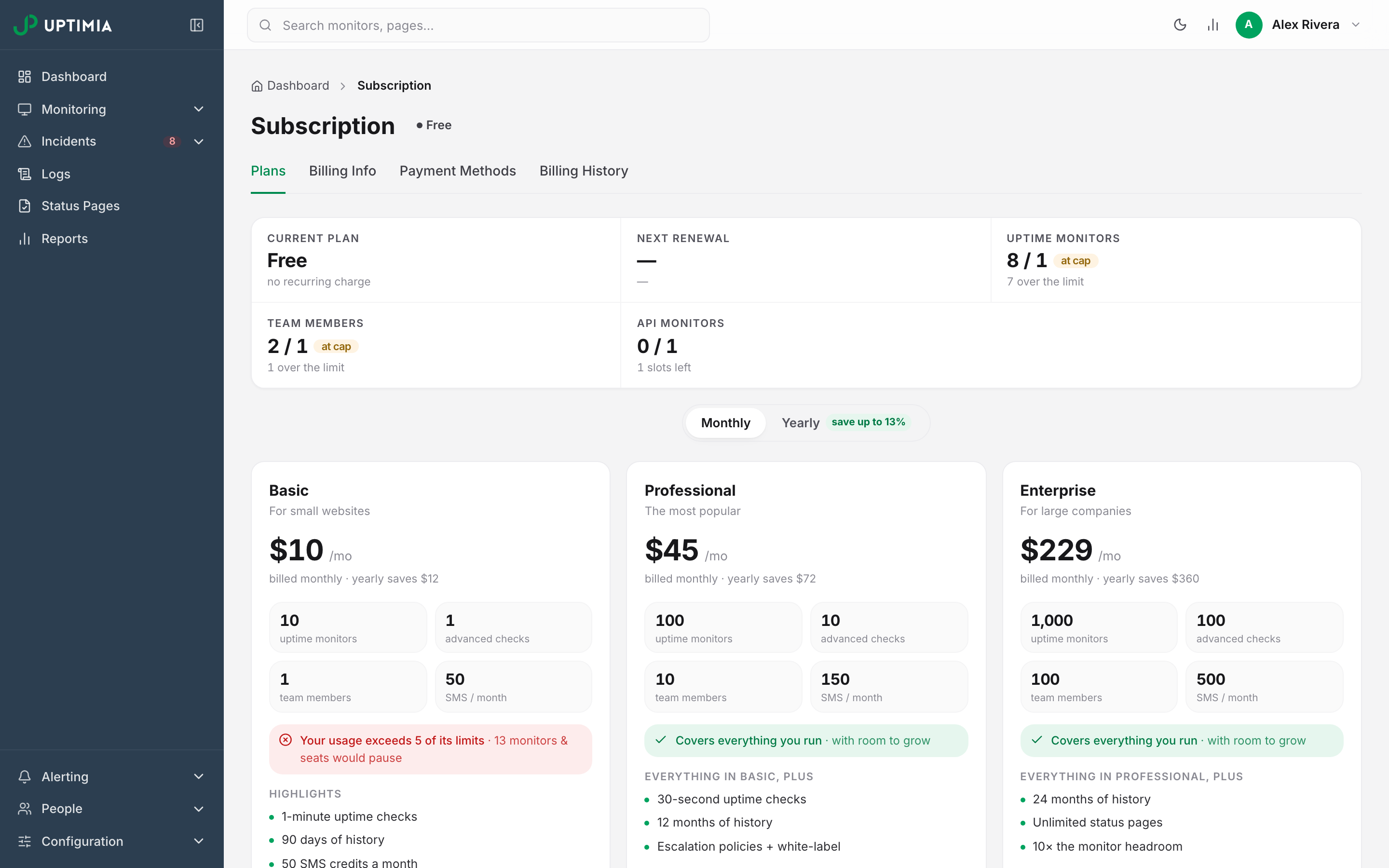 The top of the Subscription page: the plan badge next to the heading, the four billing tabs, the usage strip with its at-cap chips, and the monthly/yearly billing toggle.