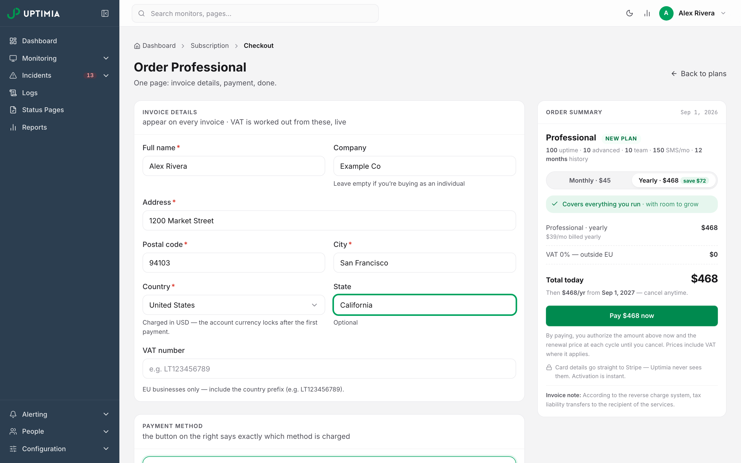 The top of the one-page checkout: invoice details on the left and the full order summary on the right, showing the plan, the yearly/monthly switch, the VAT row and the total due today.