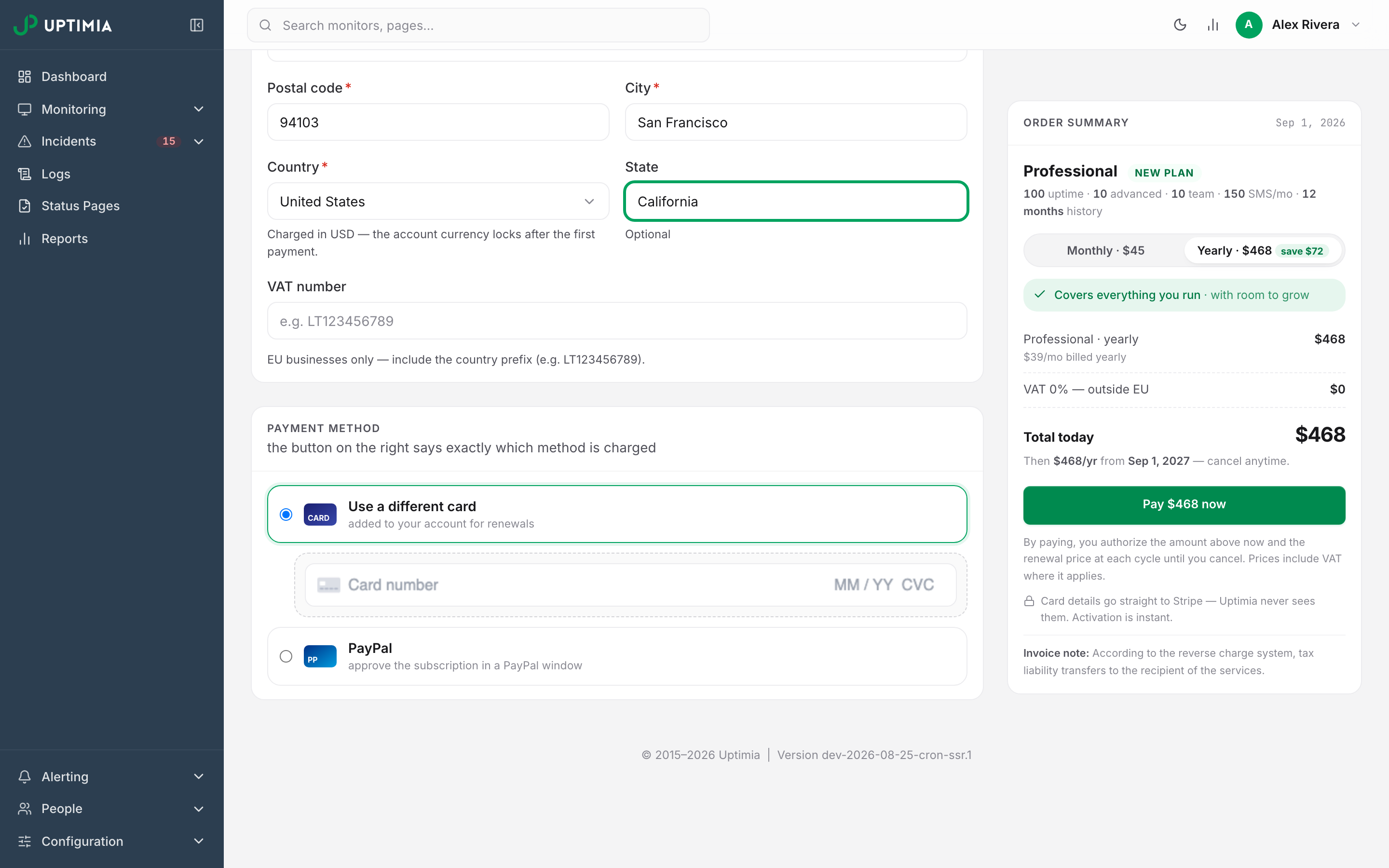 The Payment method card on the checkout page, offering a new card with the Stripe card field open, or PayPal.