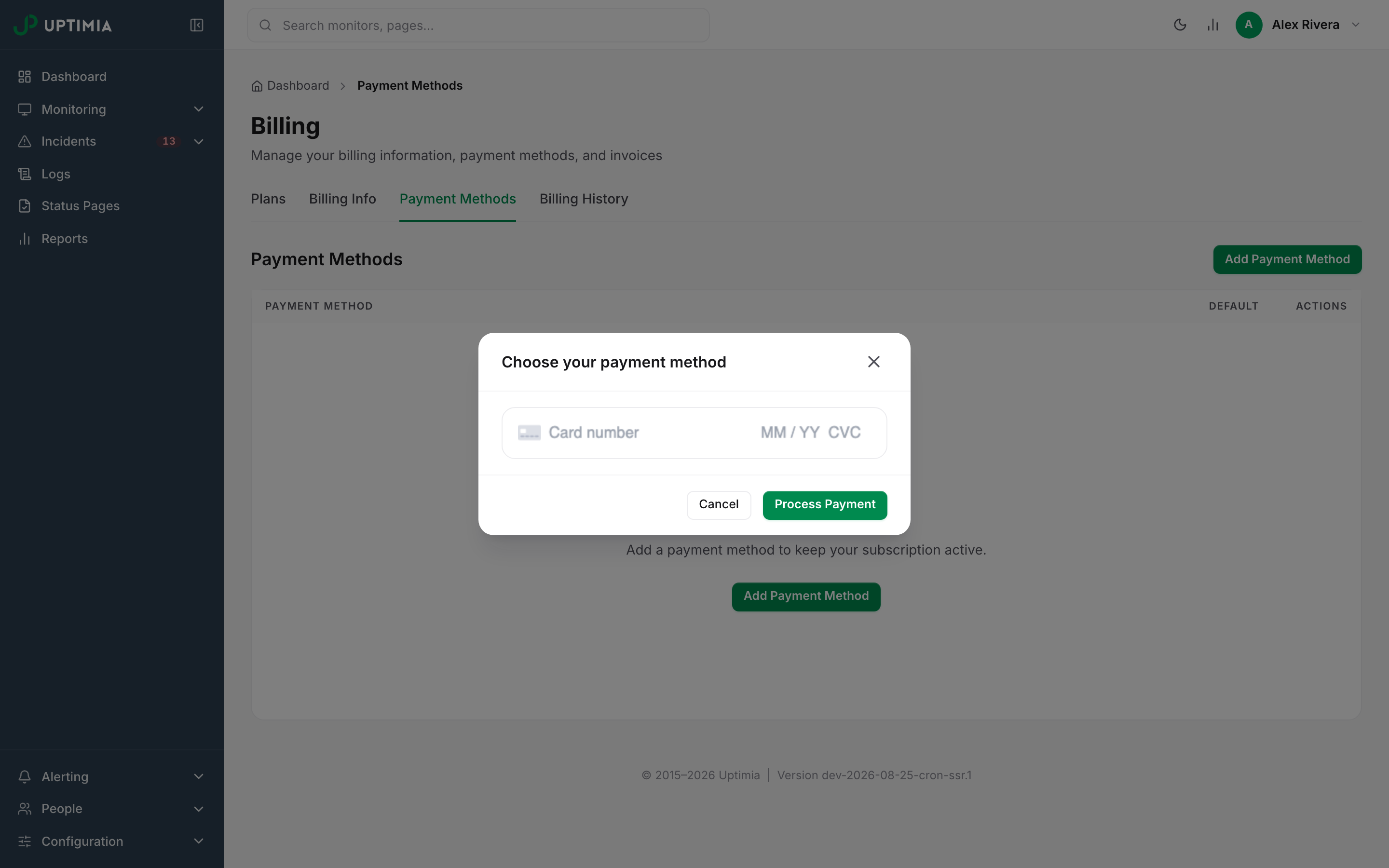 The Choose your payment method dialog with its Stripe card field, opened from the Add Payment Method button on the Payment Methods tab.