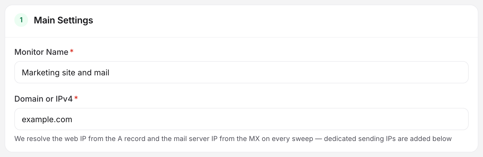 The blacklist monitor editor's Main Settings card, showing the Domain or IPv4 field and the hint explaining that the web and mail IPs are resolved on every sweep.