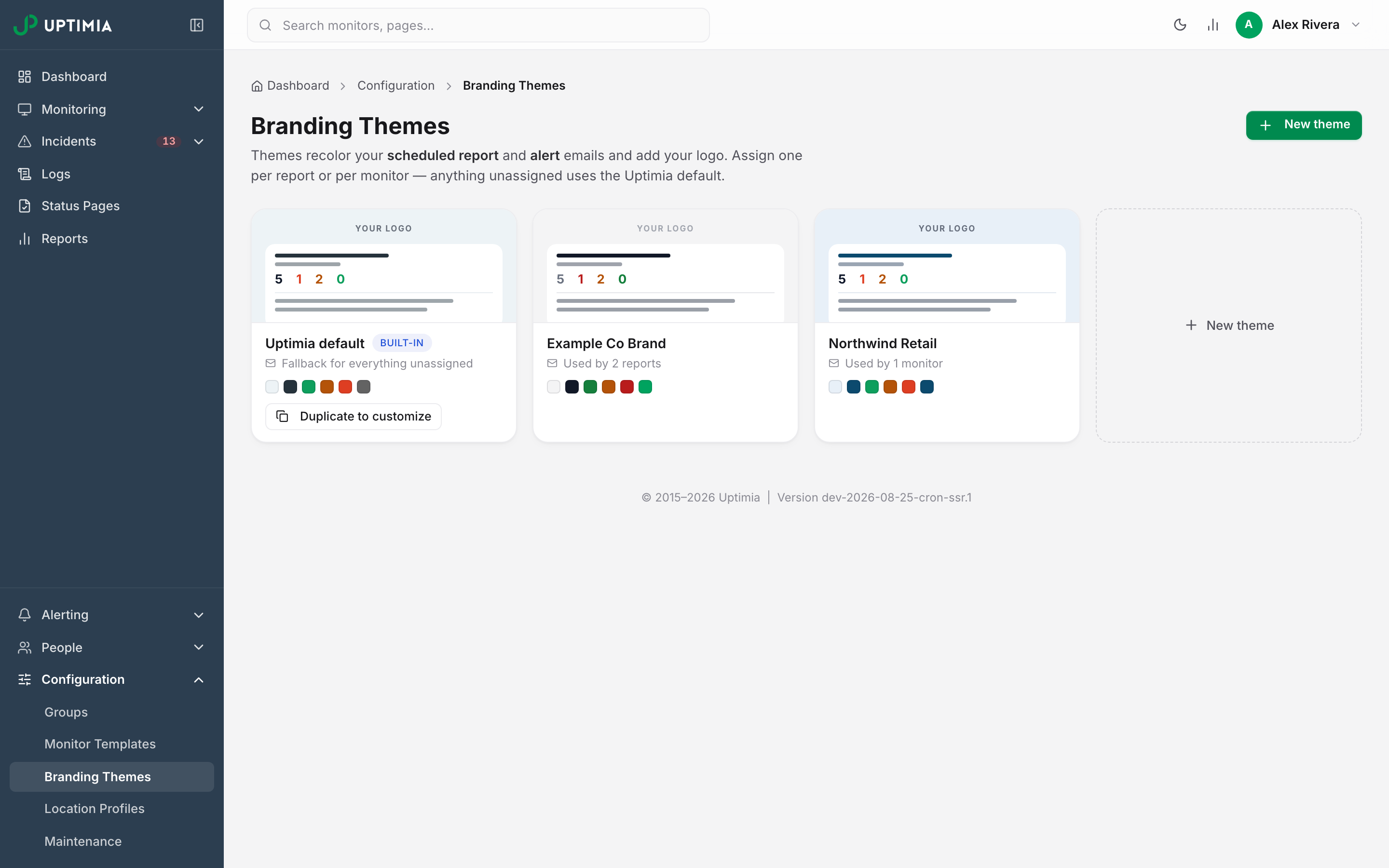 The Branding Themes gallery: the built-in Uptimia default card, two custom theme cards showing their email thumbnails, usage lines and color palettes, and the dashed New theme card that closes the grid.