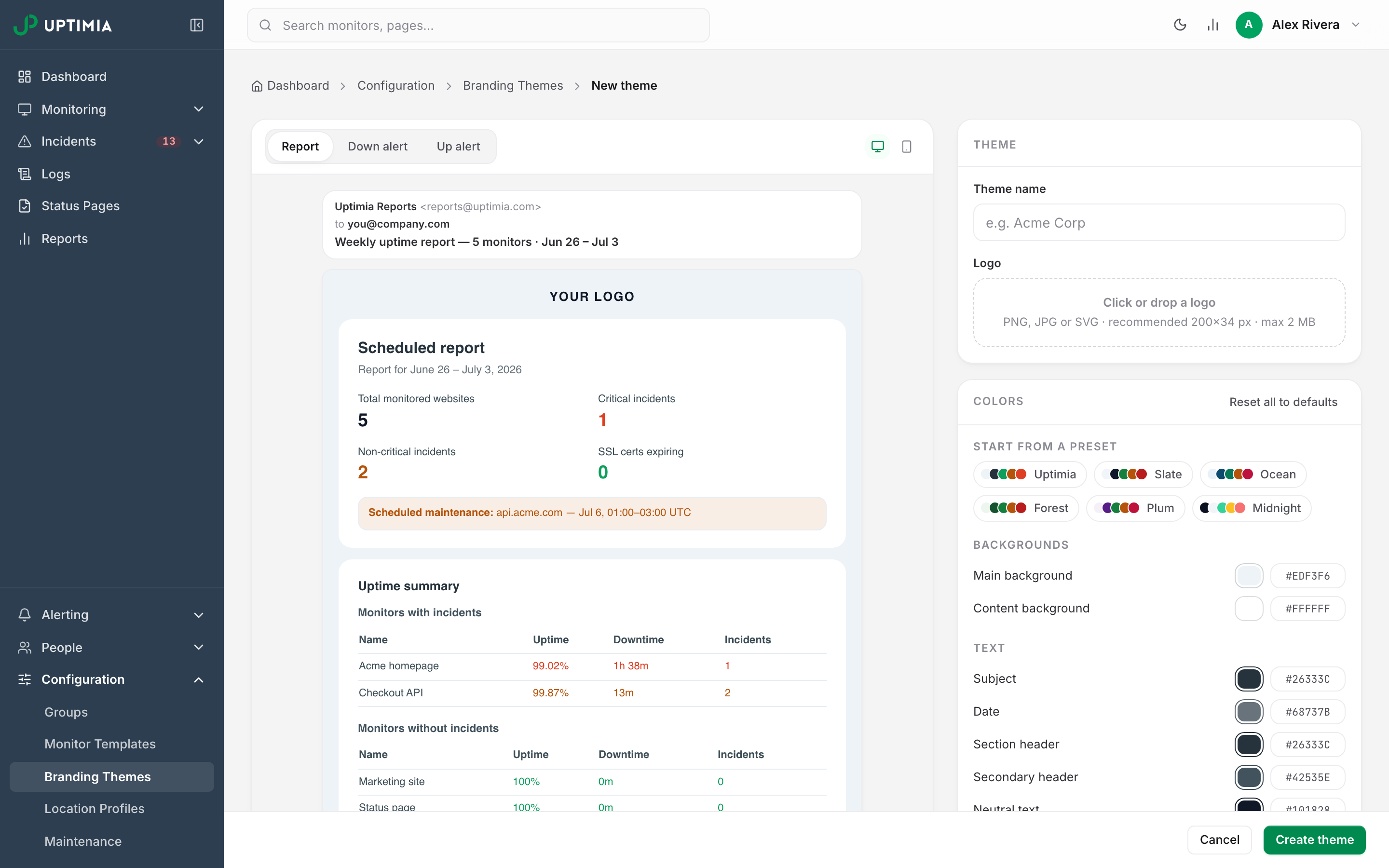 The branding theme editor in create mode: the live email preview on the left, the Theme and Colors cards on the right, and the Create theme save bar pinned to the bottom.