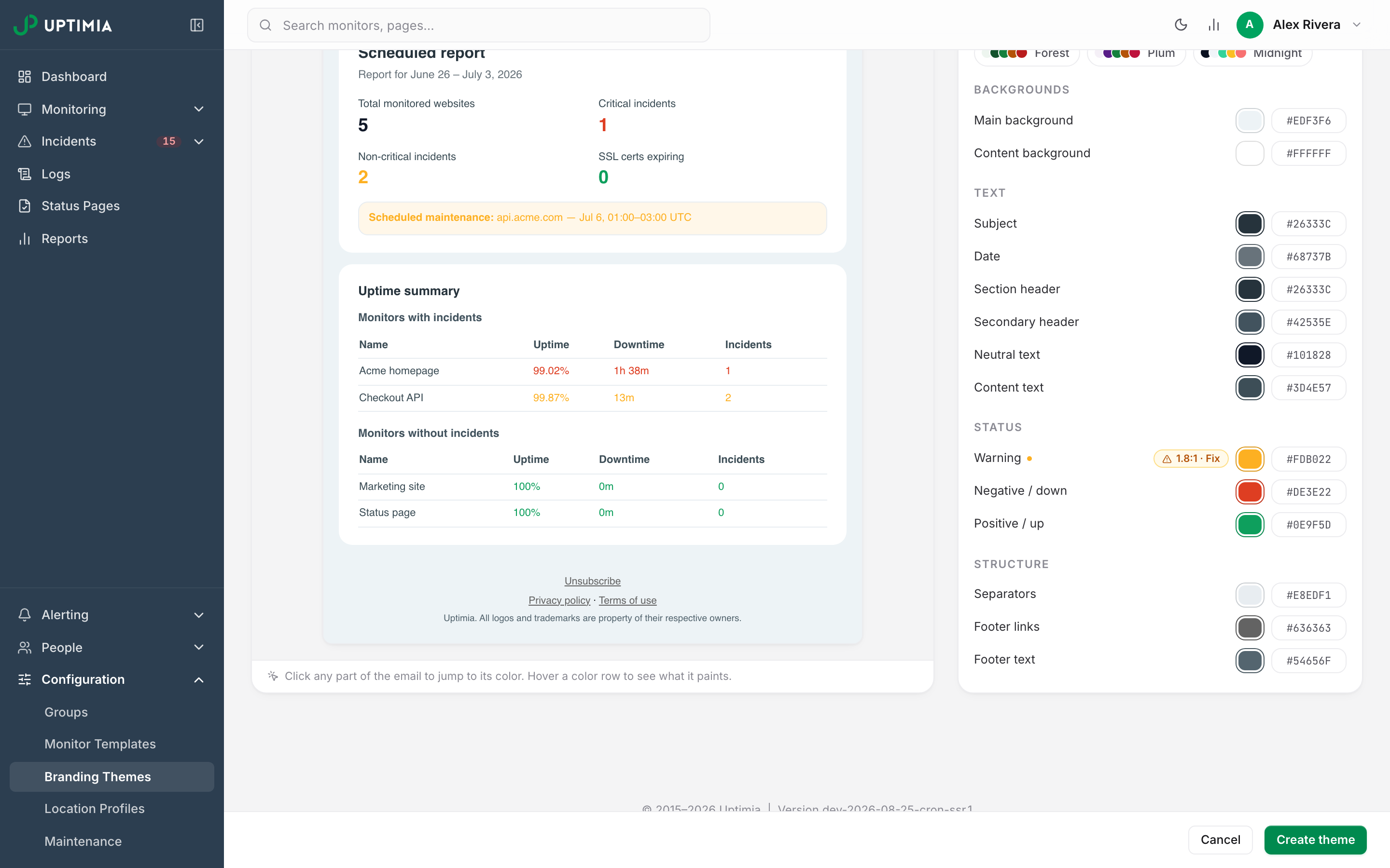 The Warning color row in the branding theme editor flagged by the legibility guard: an amber 1.8:1 · Fix chip beside the #FDB022 hex value, with the Negative and Positive rows below it unflagged.