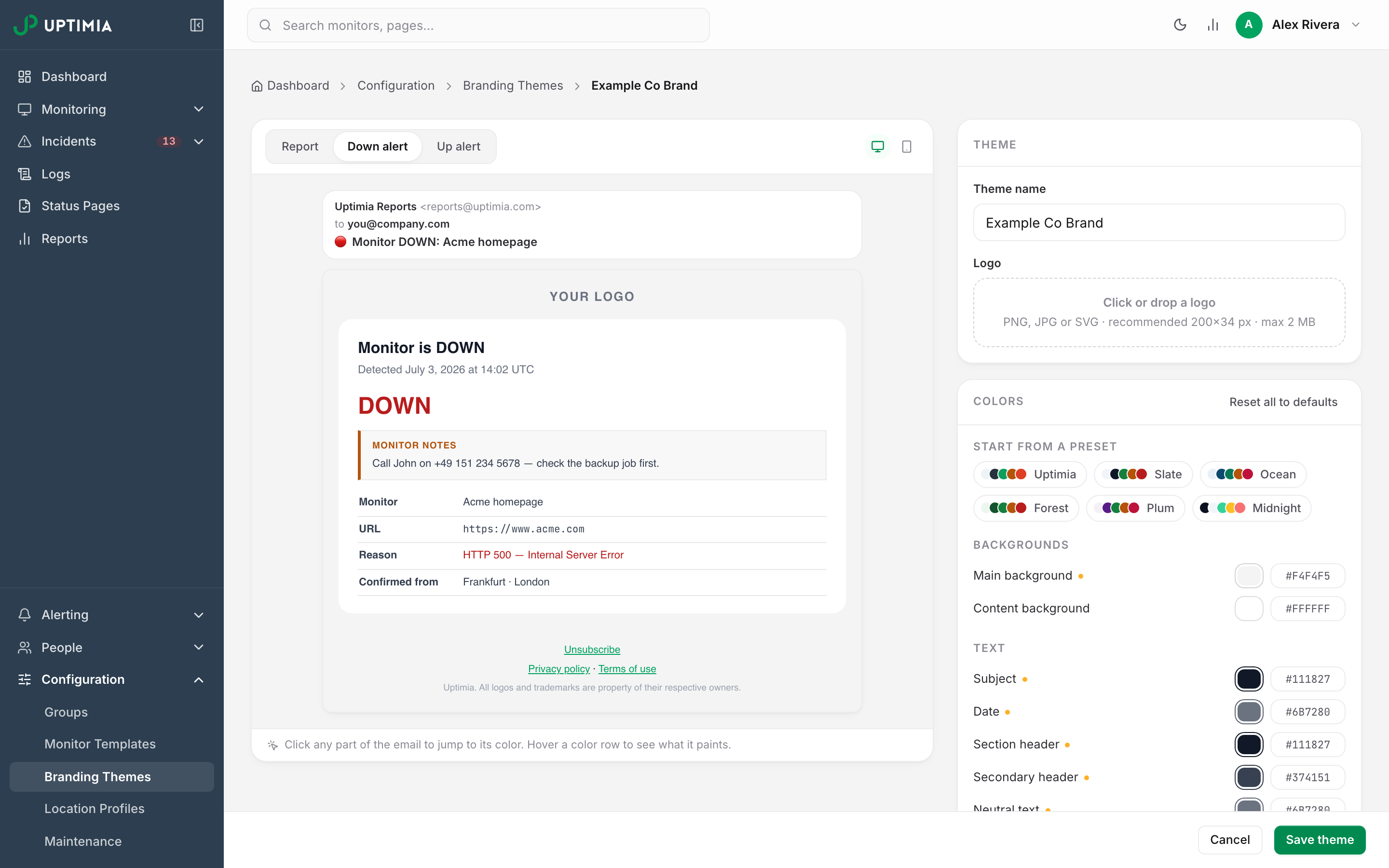 The branding editor's Down alert preview, showing a themed outage email with the DOWN headline in the theme's negative color.