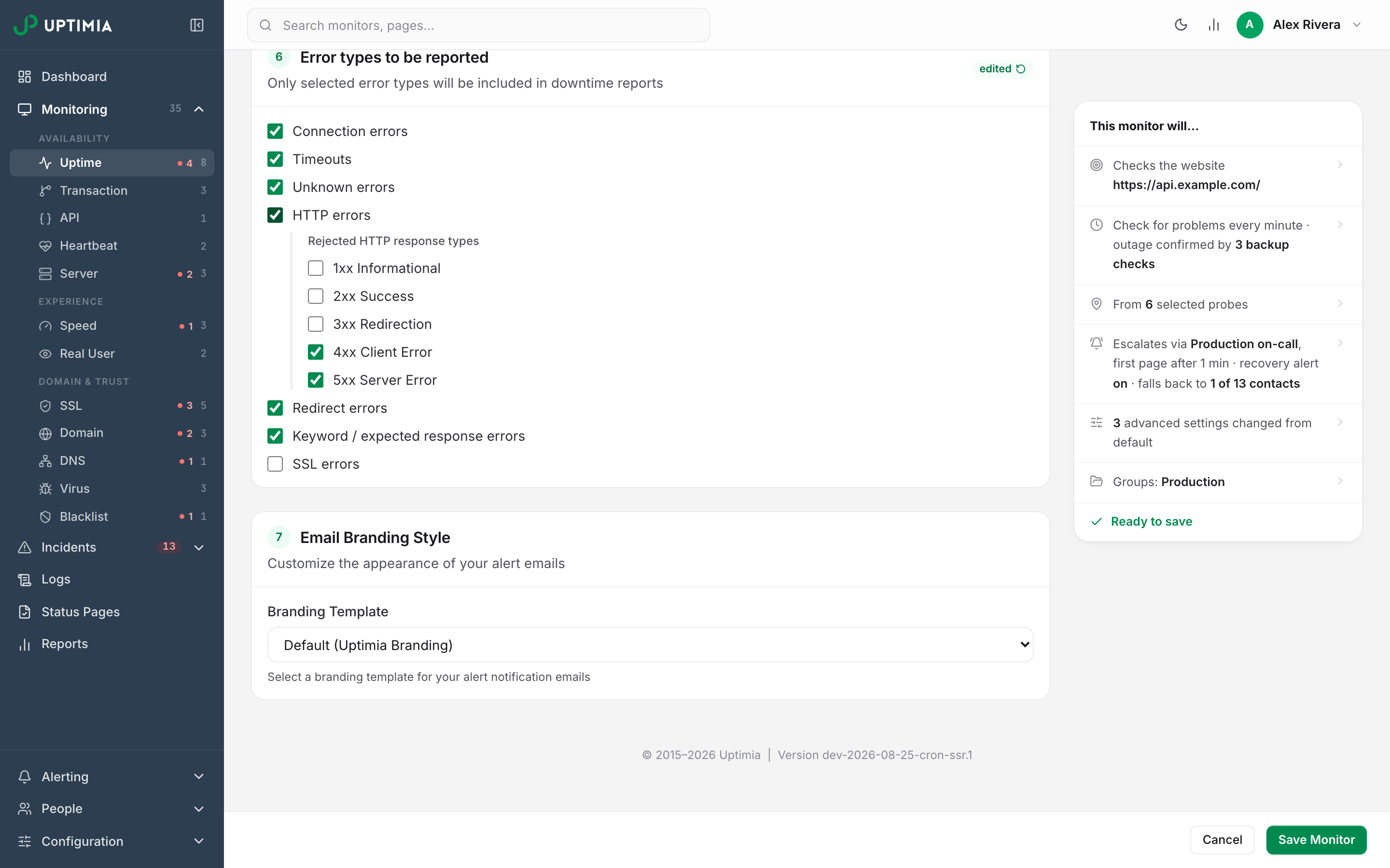 The Email Branding Style card on a monitor's Advanced tab, where the Branding Template dropdown assigns a theme to that monitor's alert emails.