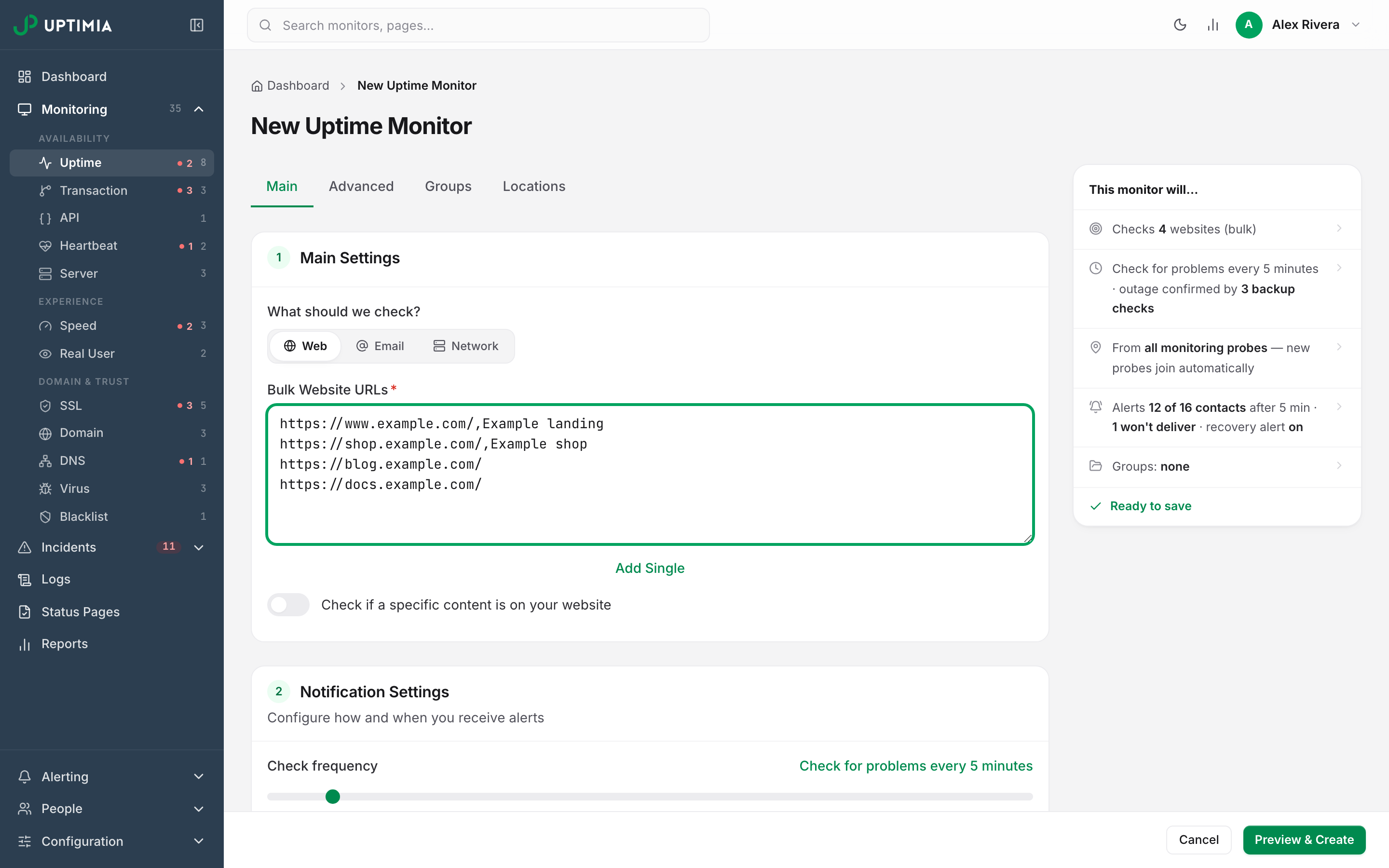 The uptime monitor editor in bulk mode, with four URLs pasted into the Bulk Website URLs box and Preview & Create waiting in the save bar.