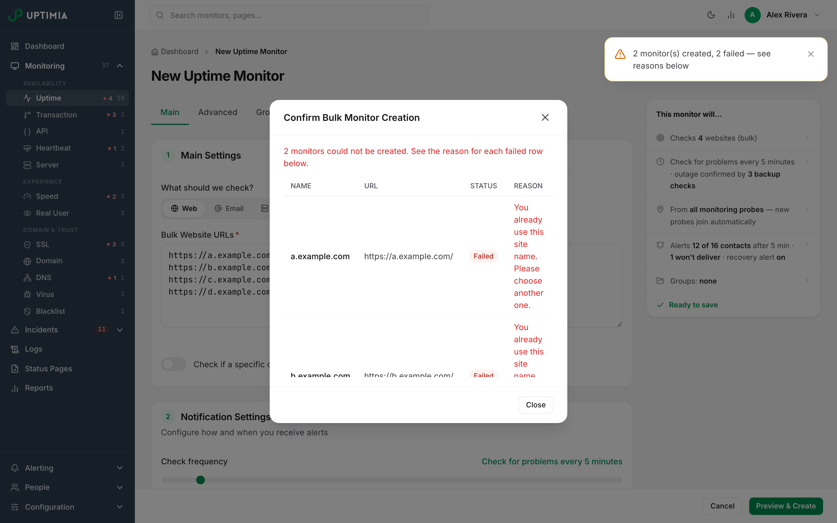 The bulk creation modal after a partial failure, with an added Reason column spelling out why two rows were refused for duplicate site names, and the confirm button replaced by Close.