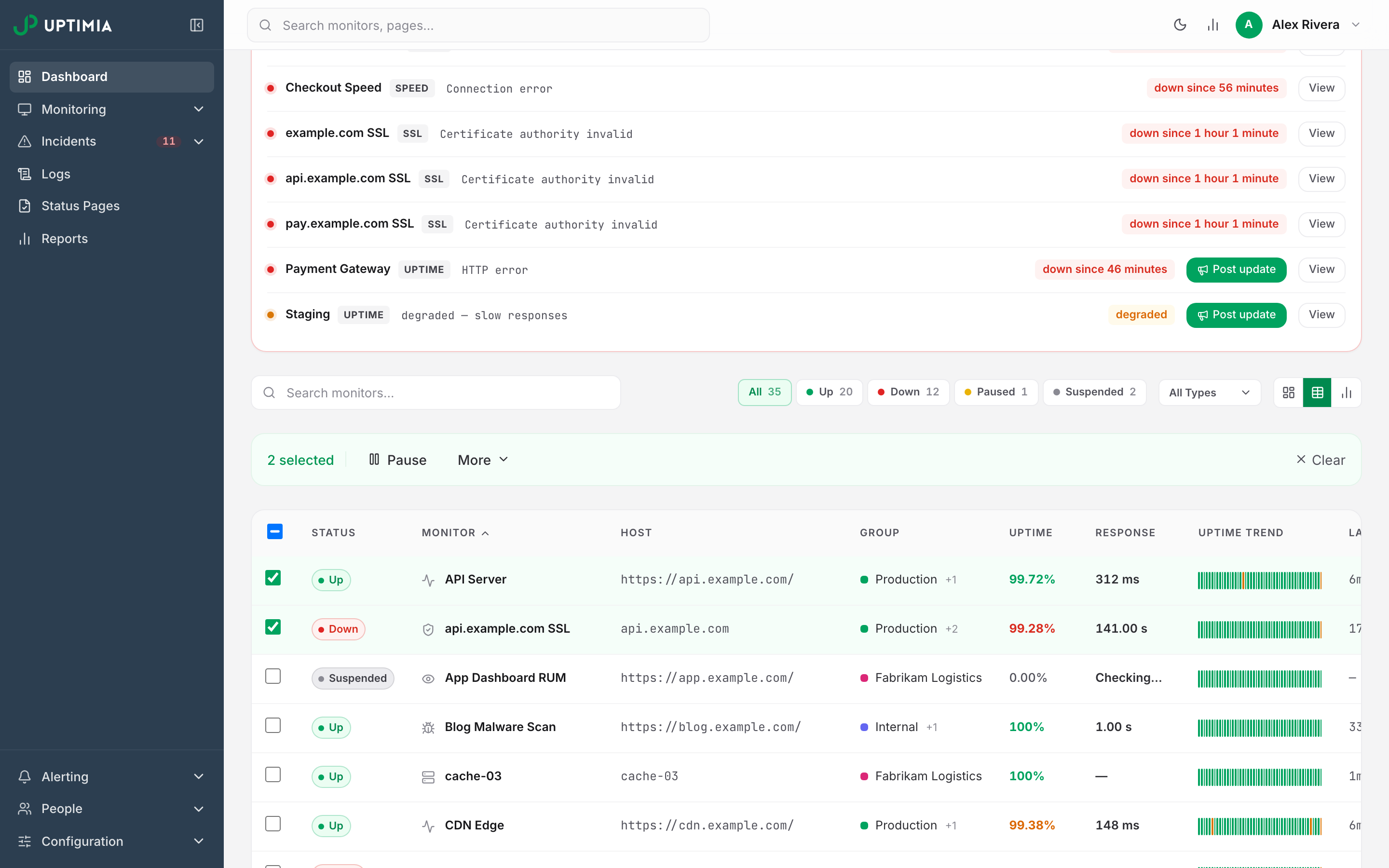 The dashboard in table view with two monitors selected and the bulk actions bar above the list offering Pause, More and Clear.