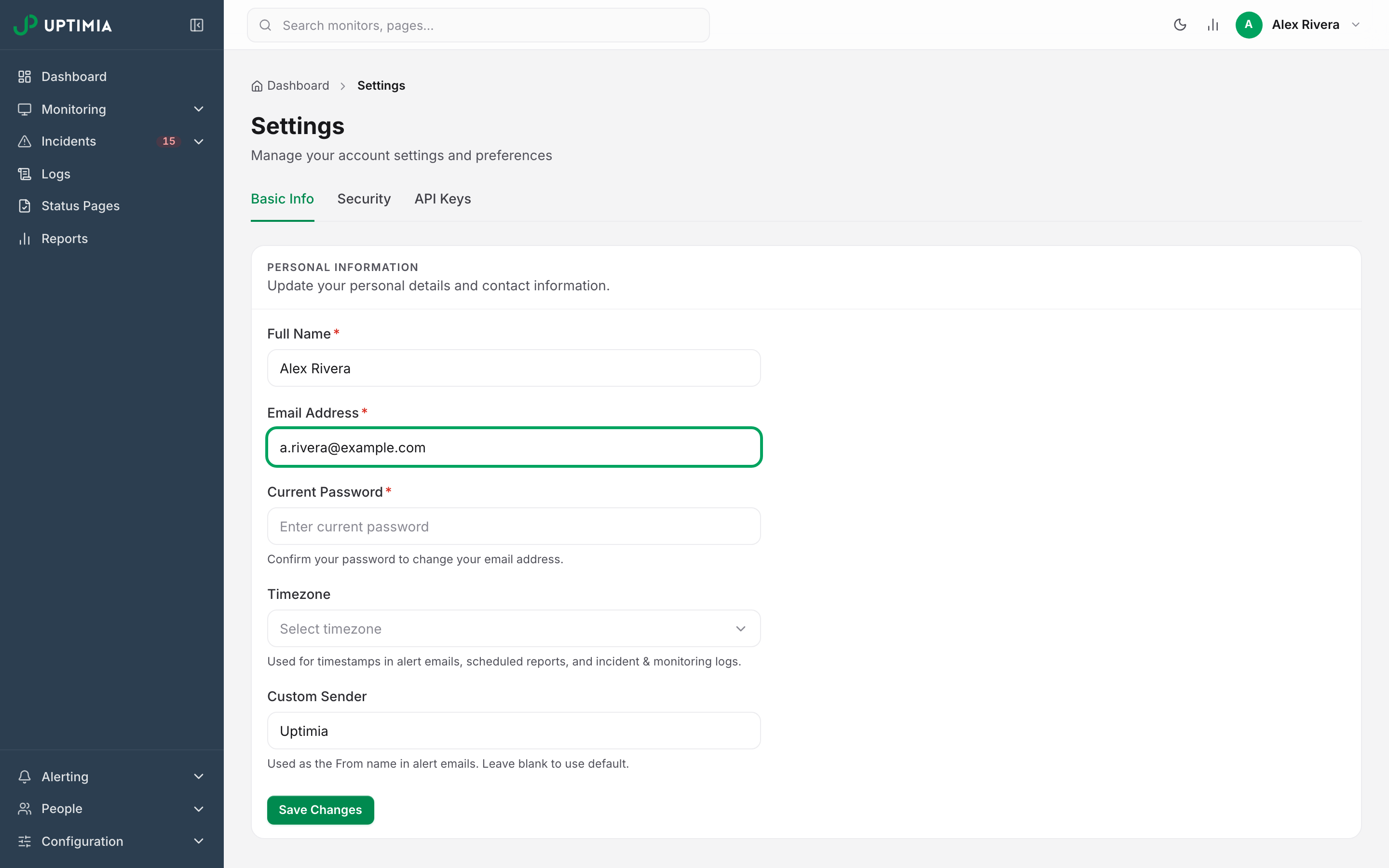 The Personal Information settings card with a new email address typed in and the Current Password confirmation field revealed directly beneath it