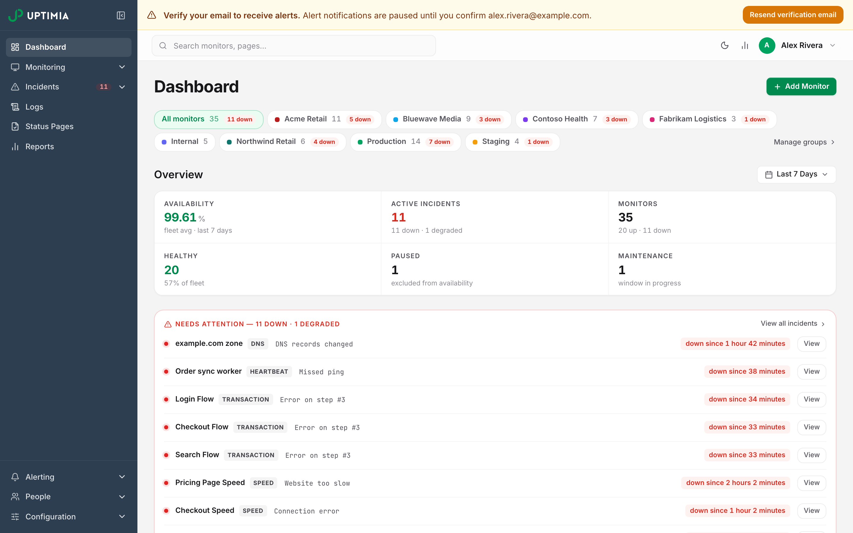 The amber unverified-email banner above the control-panel top bar, warning that alert notifications are paused and offering a Resend verification email button