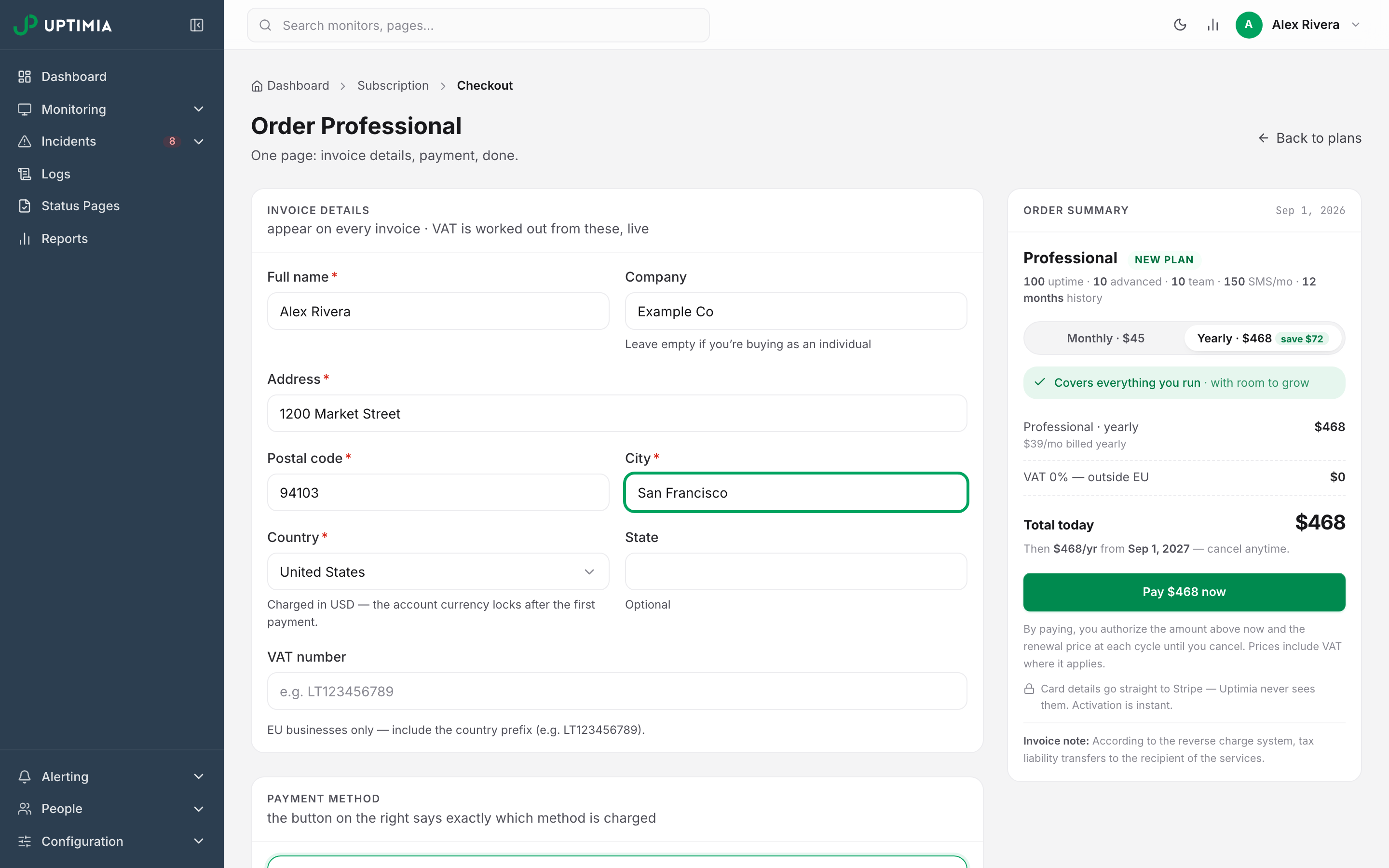 The Uptimia checkout page: invoice details on the left, and on the right the order summary with the New plan chip, the monthly/yearly price toggle, the VAT line, the total and the confirm button that names what will be charged.