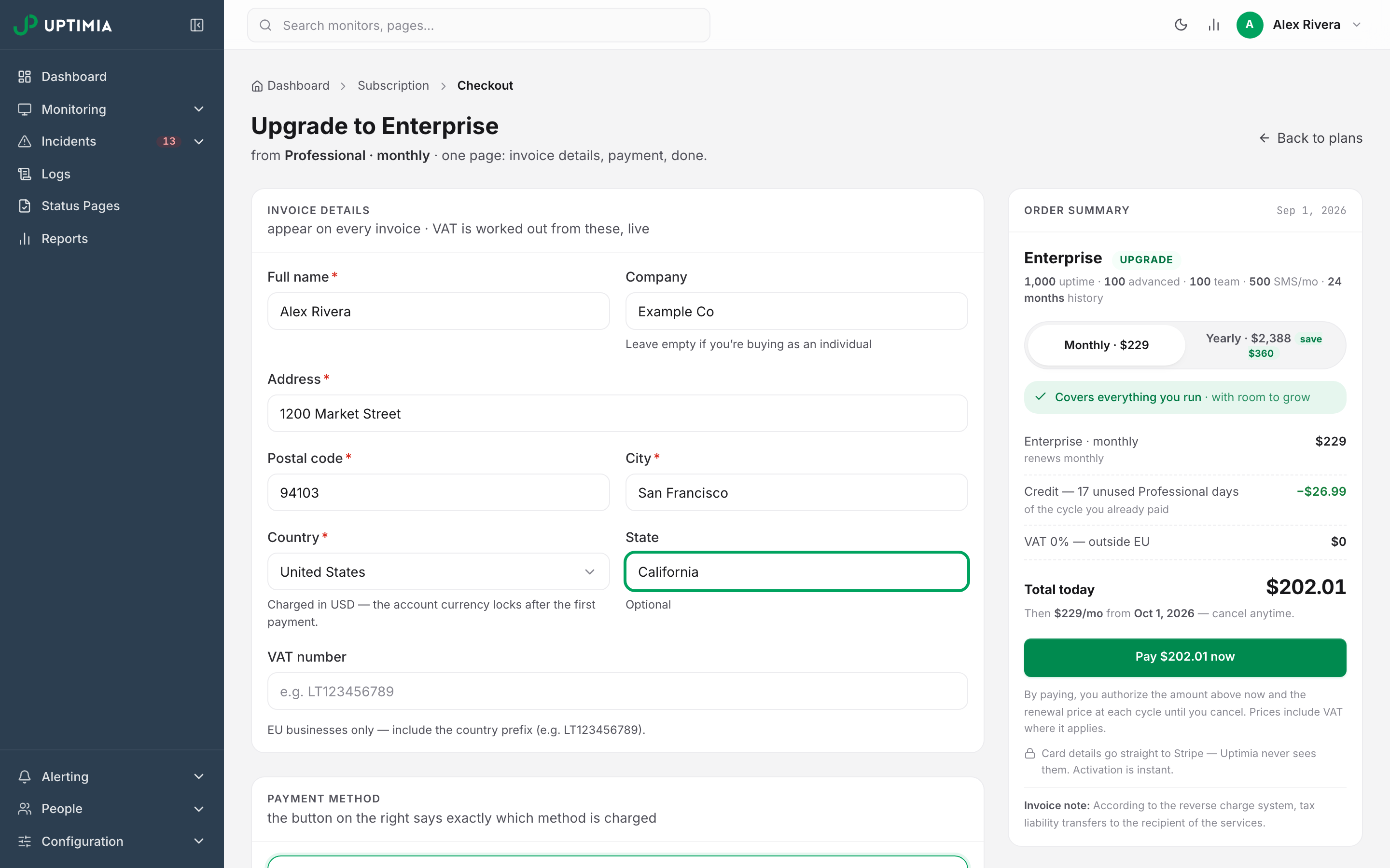 The checkout order summary for an upgrade, showing the Upgrade chip, the new plan's price, a credit row for the unused days of the current plan, and the reduced total charged today.