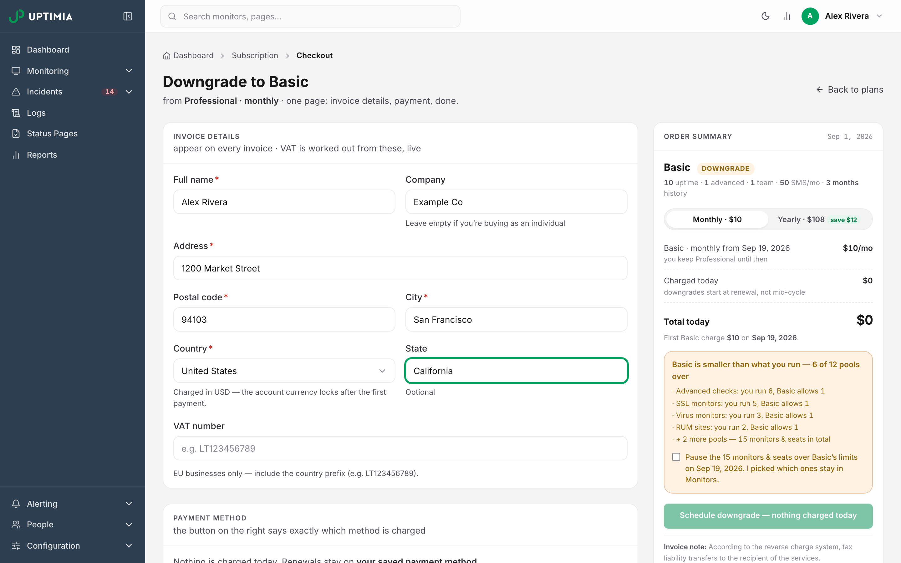 The checkout order summary for a downgrade to Basic, showing the deferred start date, a zero charge today, and the amber panel listing the pools that are over Basic's limits with the acknowledgment checkbox.