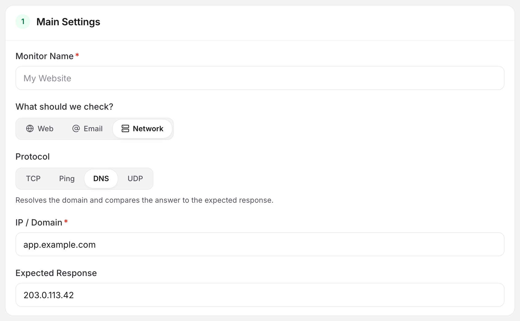 The uptime editor with the Network sub-type and the DNS protocol selected, showing the IP / Domain field and the Expected Response field that the answer is compared against.
