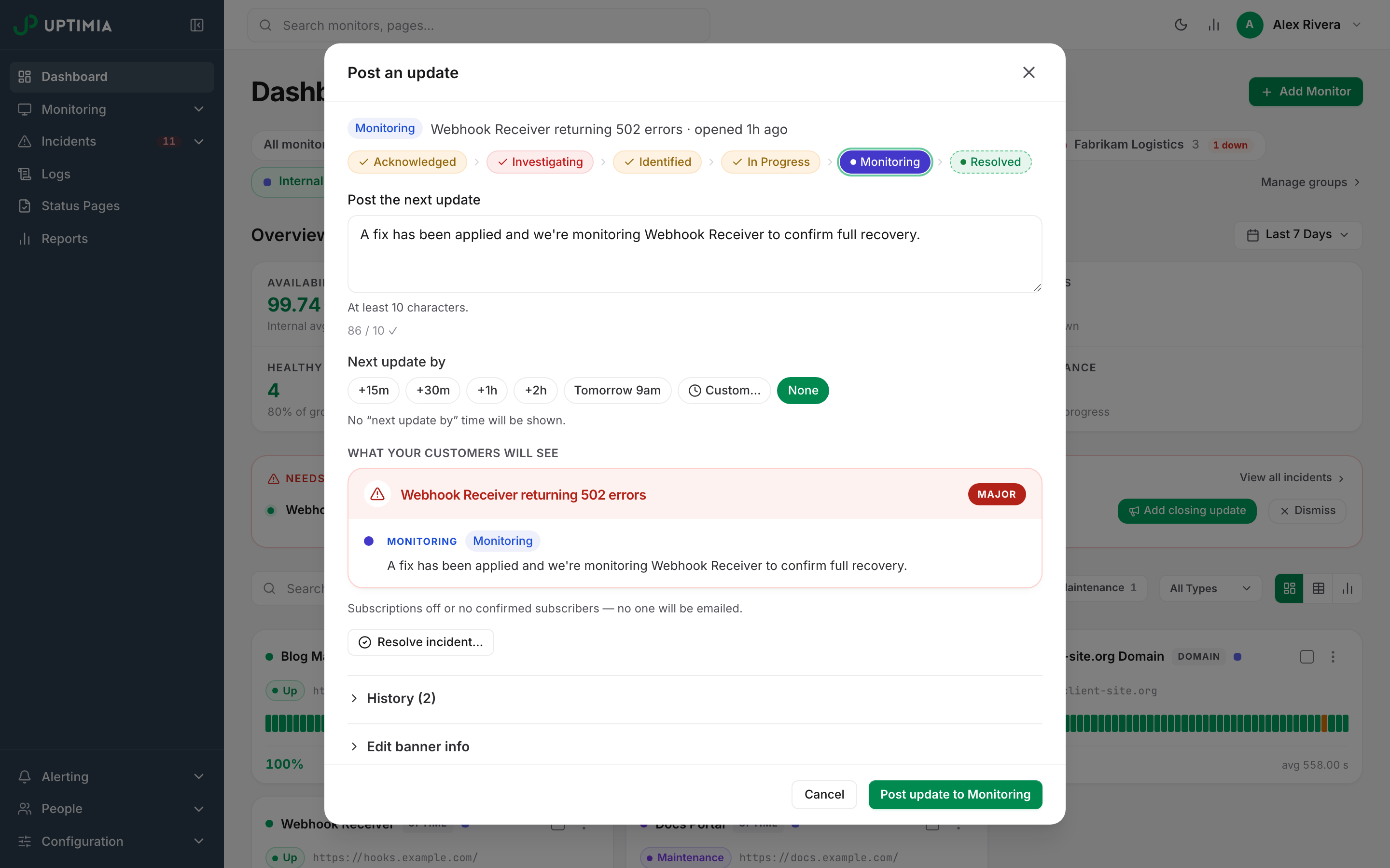 The Post an update modal on a recovered incident, with the stage stepper on Monitoring, the message box and the Resolve incident button.