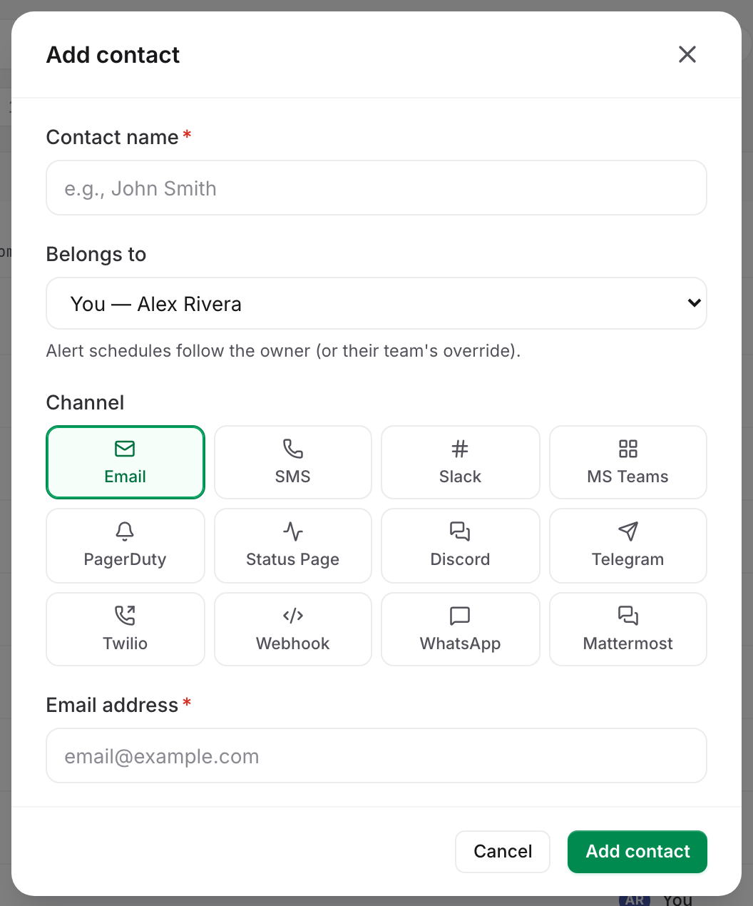 The Add contact dialog in Uptimia, showing the contact name field, the Belongs to owner picker and the twelve channel tiles with Email selected.