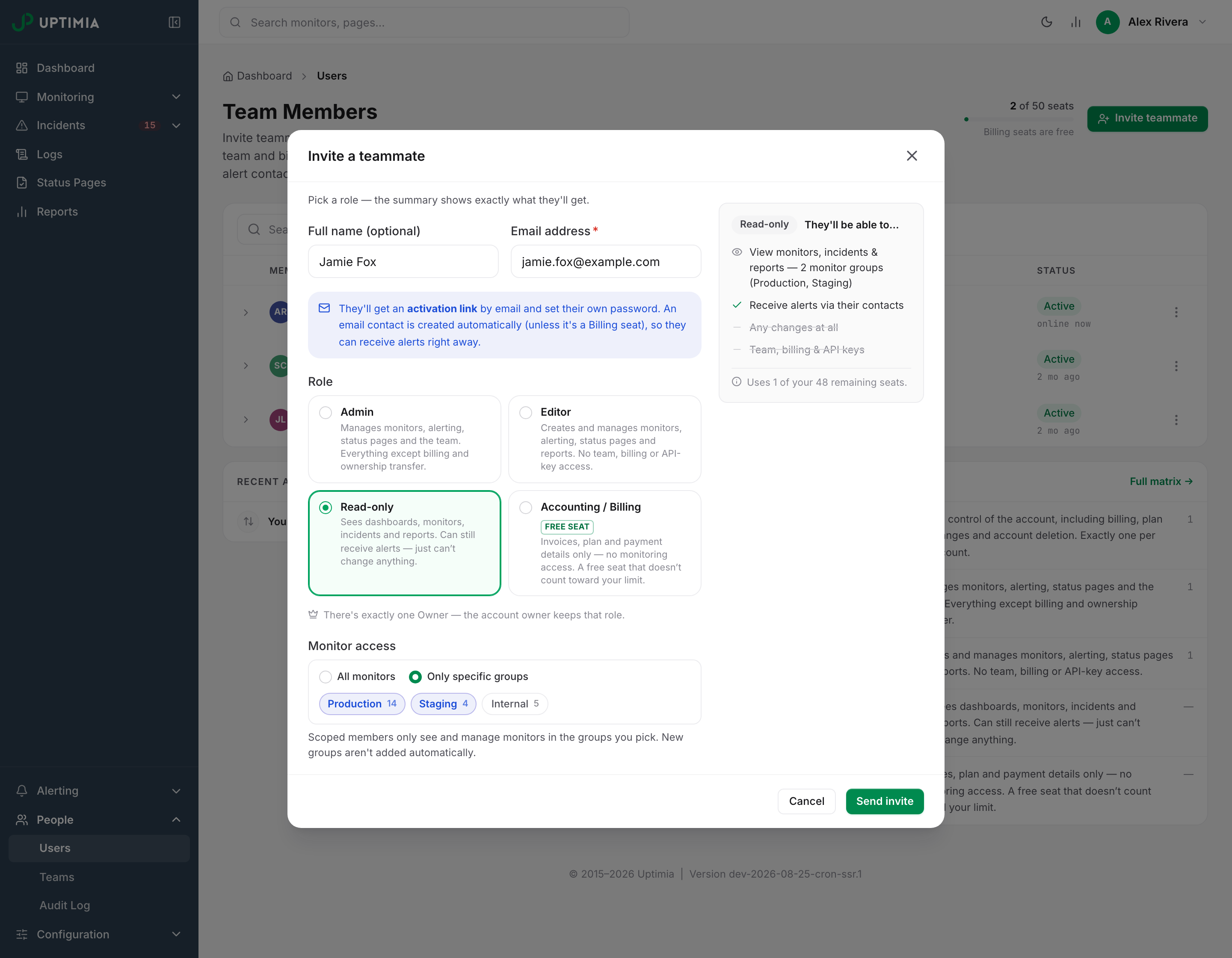The Invite a teammate modal configured as a Read-only seat limited to two monitor groups, with the summary rail listing exactly what that seat will be able to do.