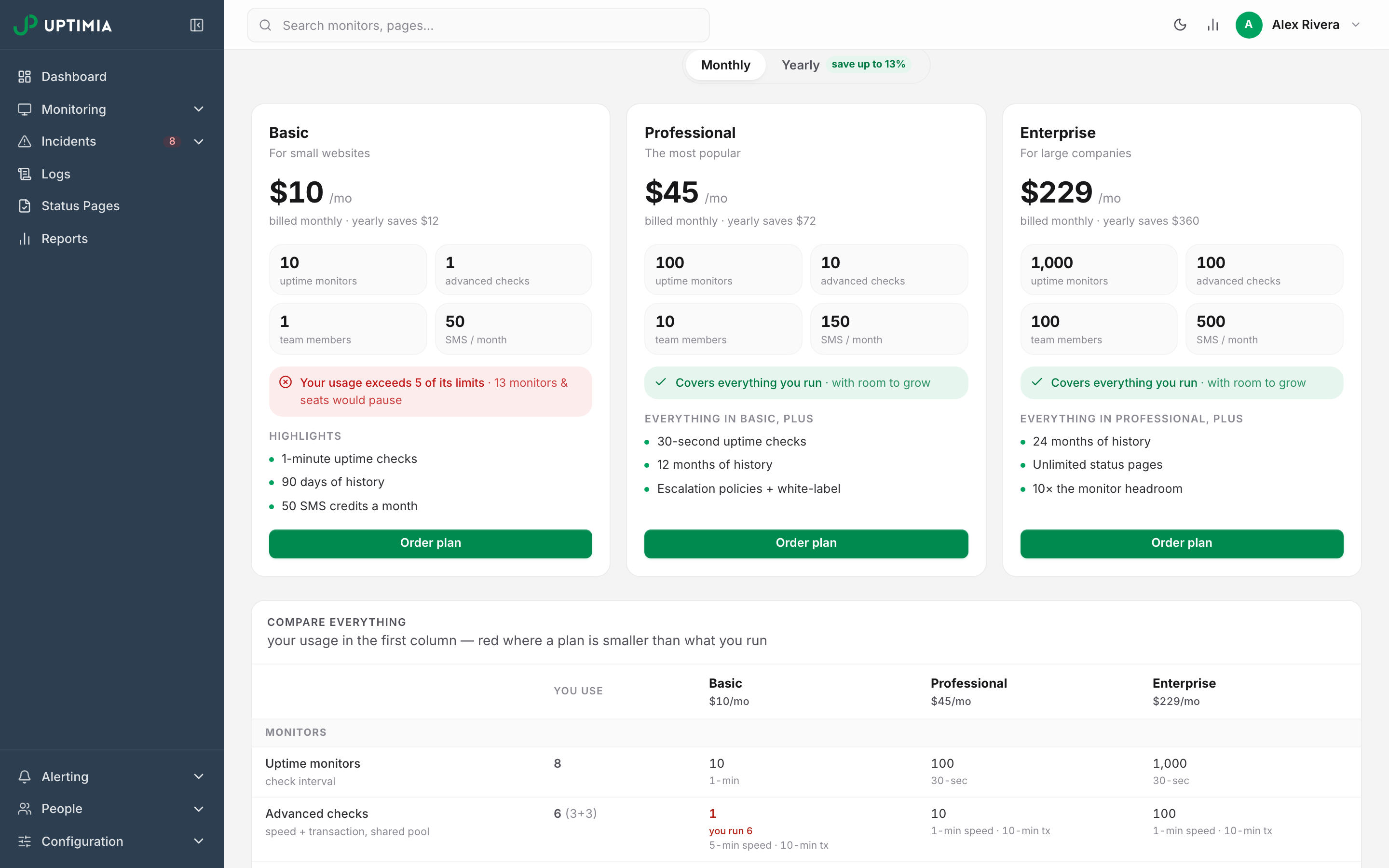 The three plan cards on the Plans tab with the monthly/yearly toggle above them, showing Enterprise beside Basic and Professional with its price, limits and highlights.