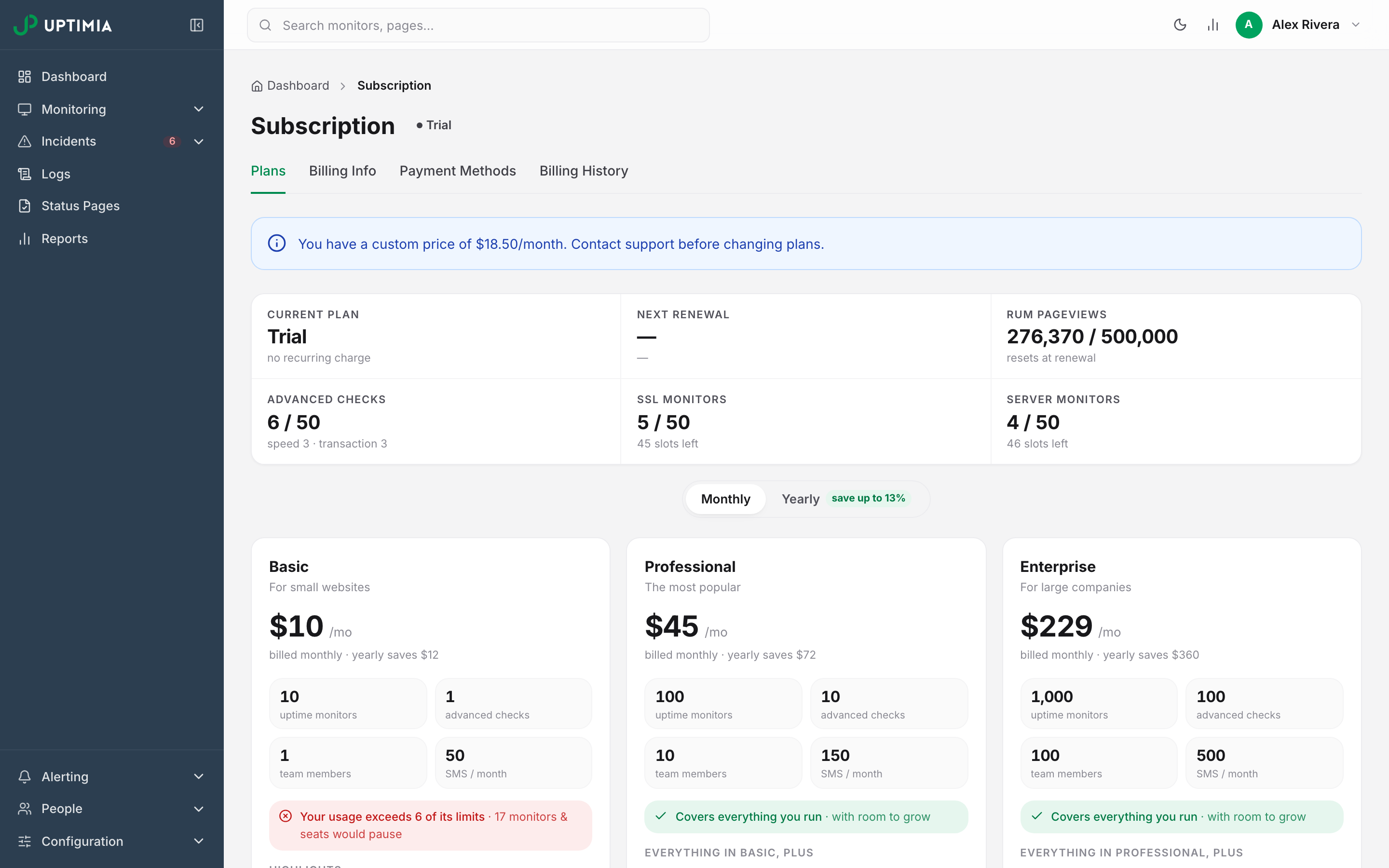 The Plans tab with a blue banner reading "You have a custom price of $249/month. Contact support before changing plans." above the usage strip and plan cards.