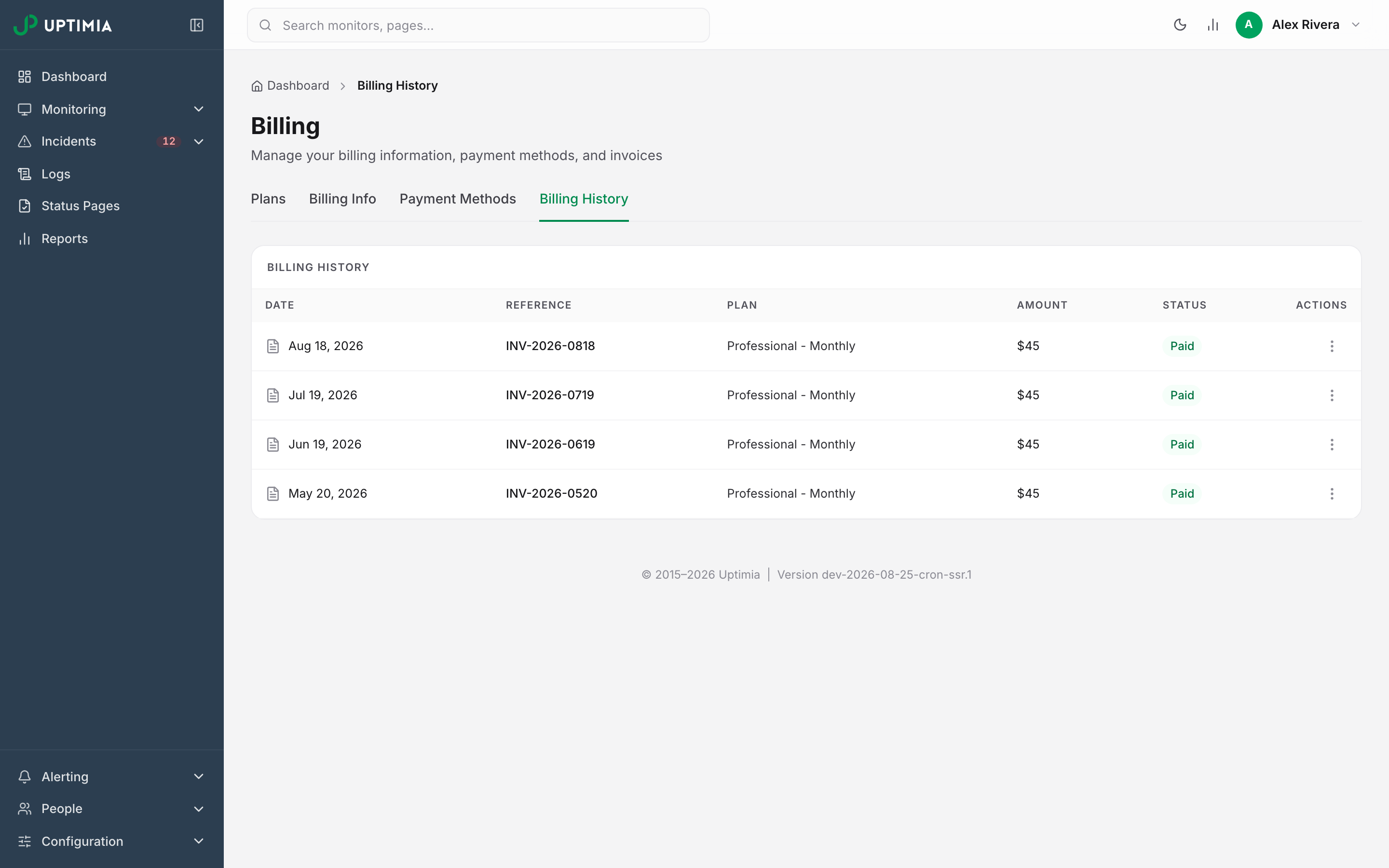 The Billing History tab listing past invoices by date, reference, plan, amount and paid status, each row with an actions menu.