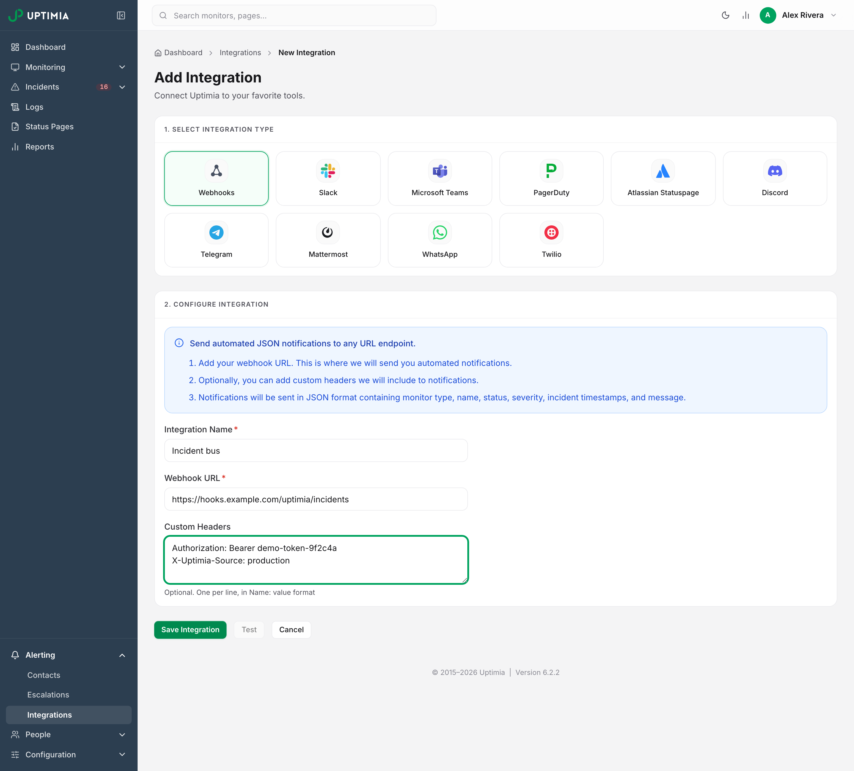 The Add Integration form with Webhooks selected, showing the Webhook URL field and the Custom Headers box filled with two headers, one per line.