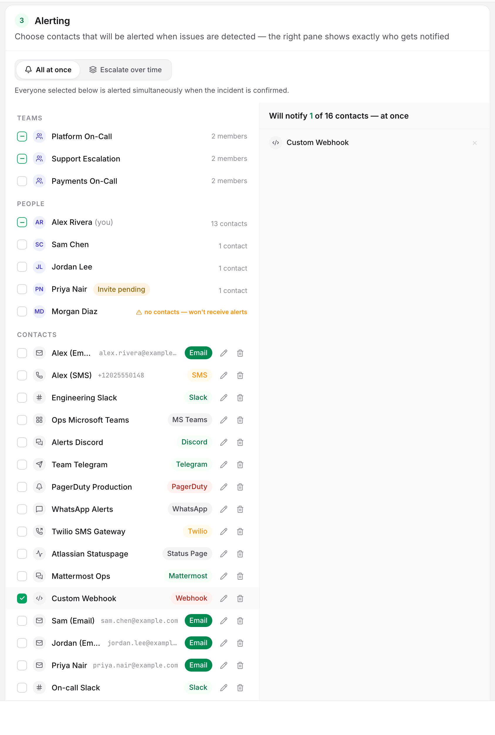The monitor editor's Alerting card with a webhook contact ticked on the left and listed as a resolved recipient on the right.