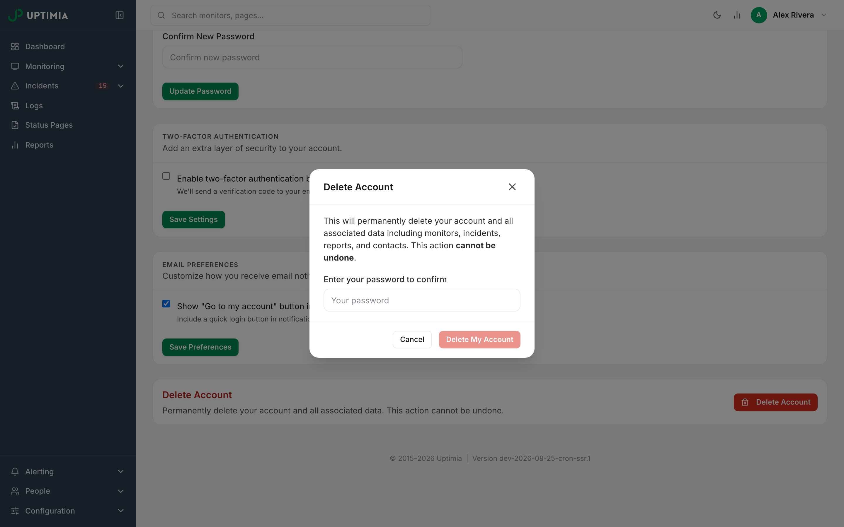 The Delete Account confirmation modal, which requires the account password before the account and its data are erased.