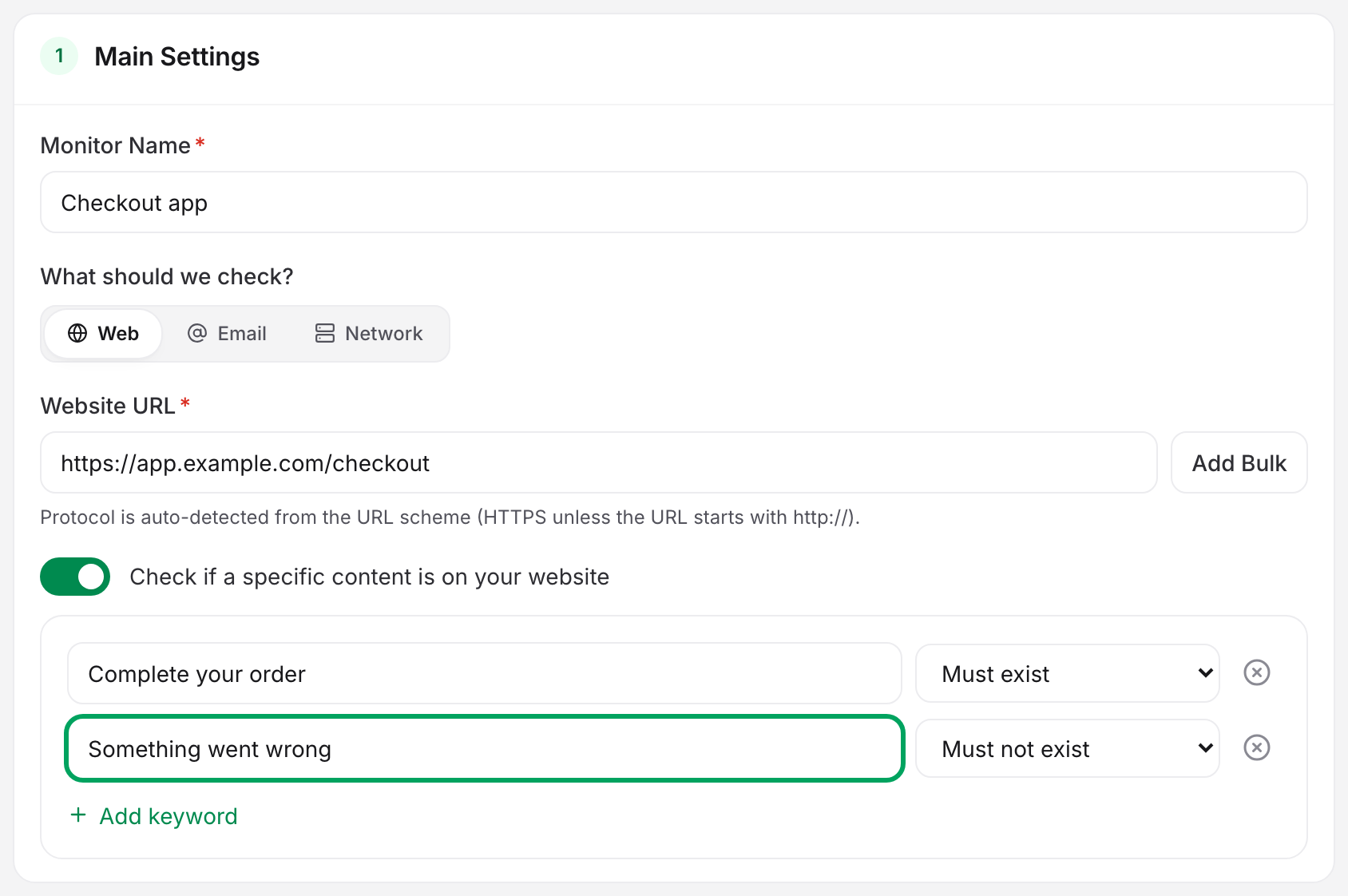 The uptime monitor editor with content checking switched on, showing one Must exist and one Must not exist keyword rule and the Add keyword link.