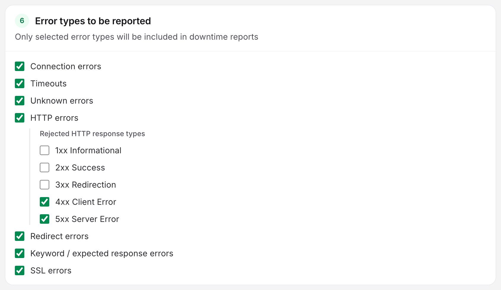 The Error types to be reported card on the uptime editor's Advanced tab, with Keyword / expected response errors ticked.