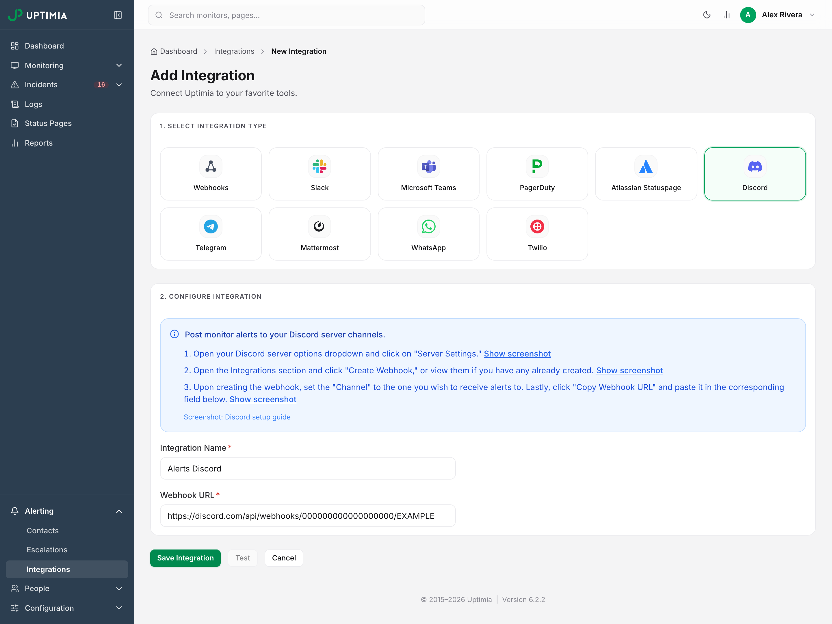 The Add Integration form with Discord selected, showing the Discord setup steps above the Integration Name and Webhook URL fields.