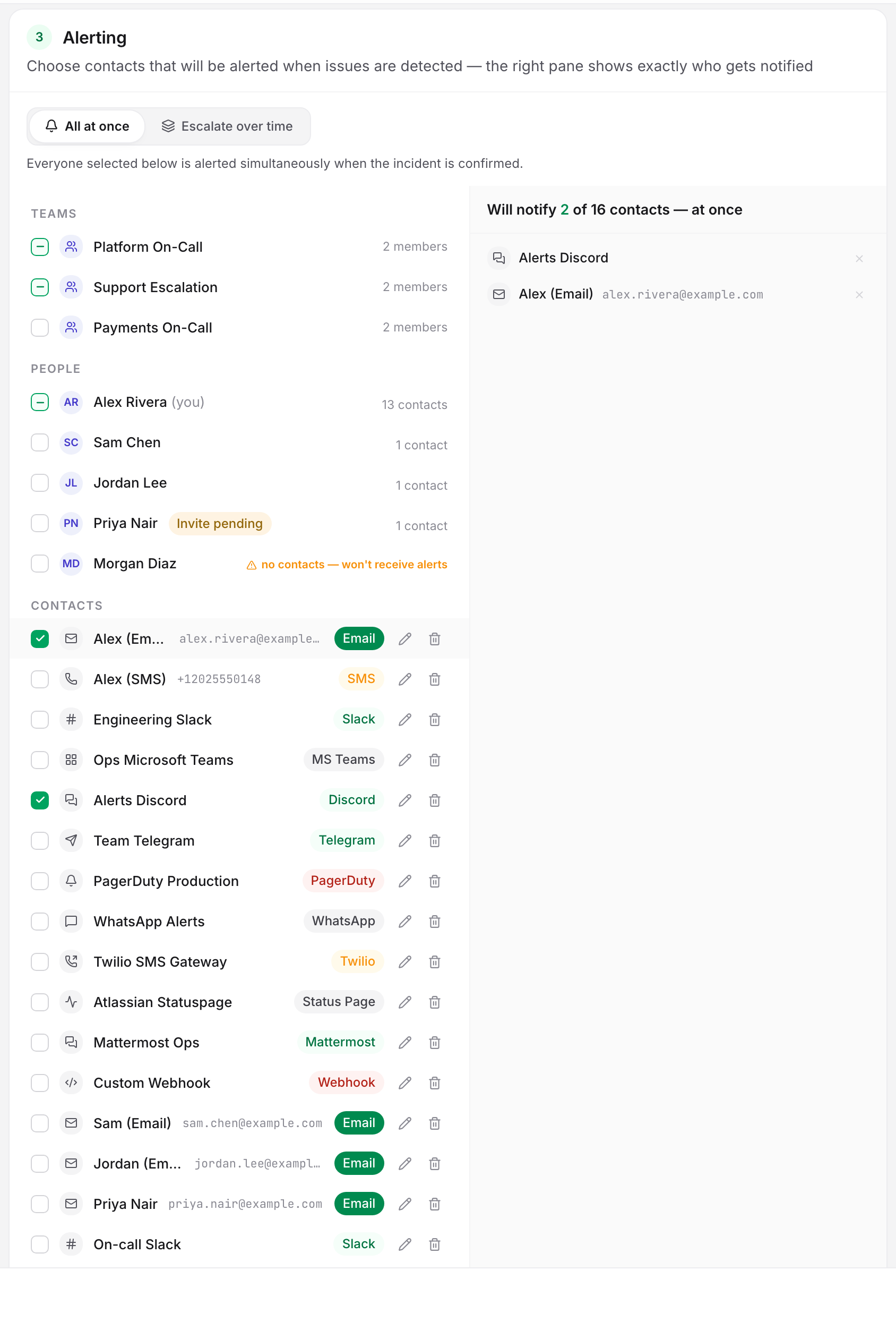 The monitor editor's Alerting card with the Discord contact ticked on the left and shown as a resolved recipient on the right.